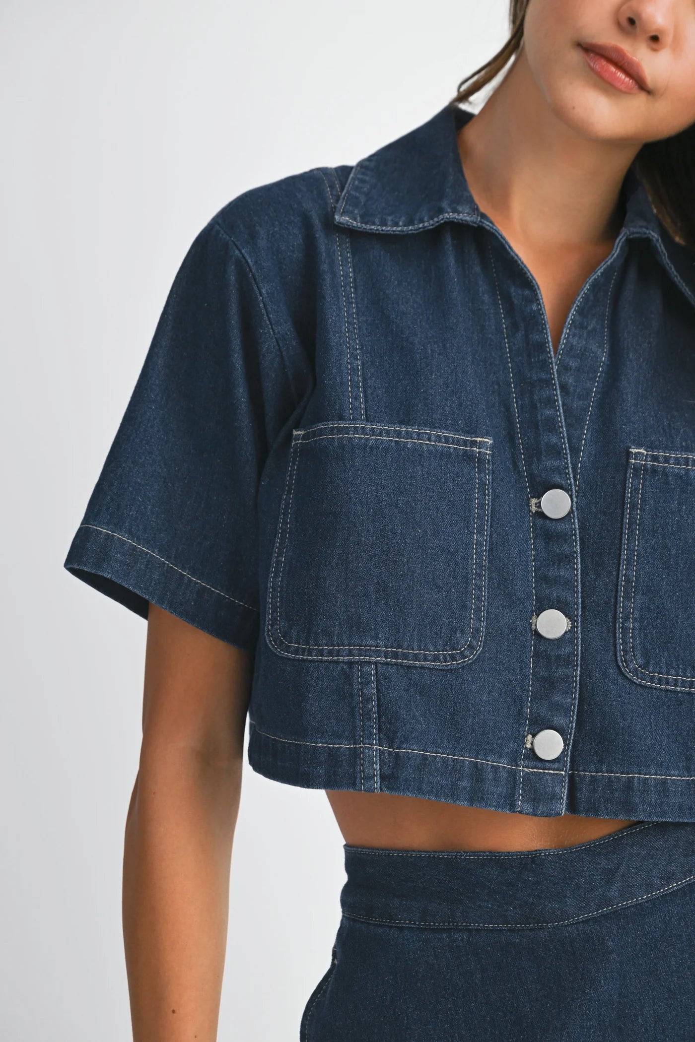 Beyonca Cropped Denim Button Up Top