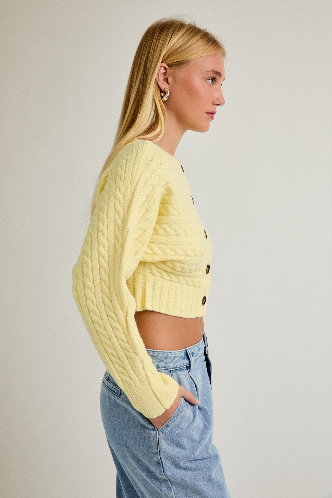 Shelby Off Shoulder Button Sweater Top in Light Yellow