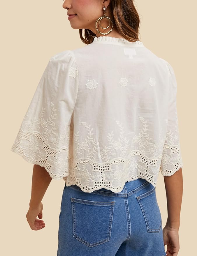 Clementine Floral Embroided Tie Front Blouse
