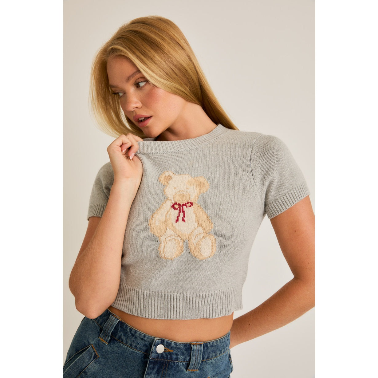 Teddy Bear Cropped Sweater Tee in Heather Grey