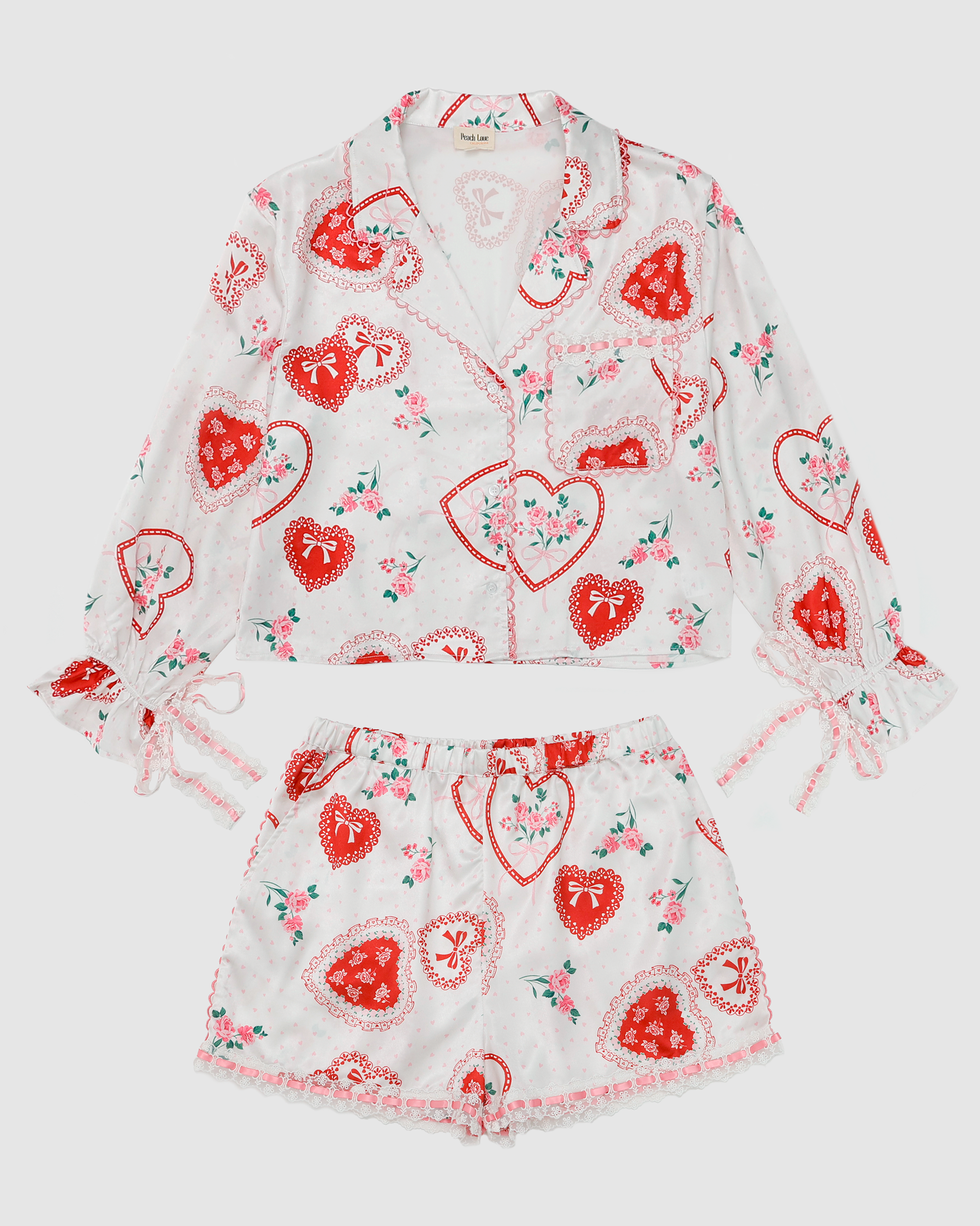 Lace Hearts Pajama Set in White/Light Pink