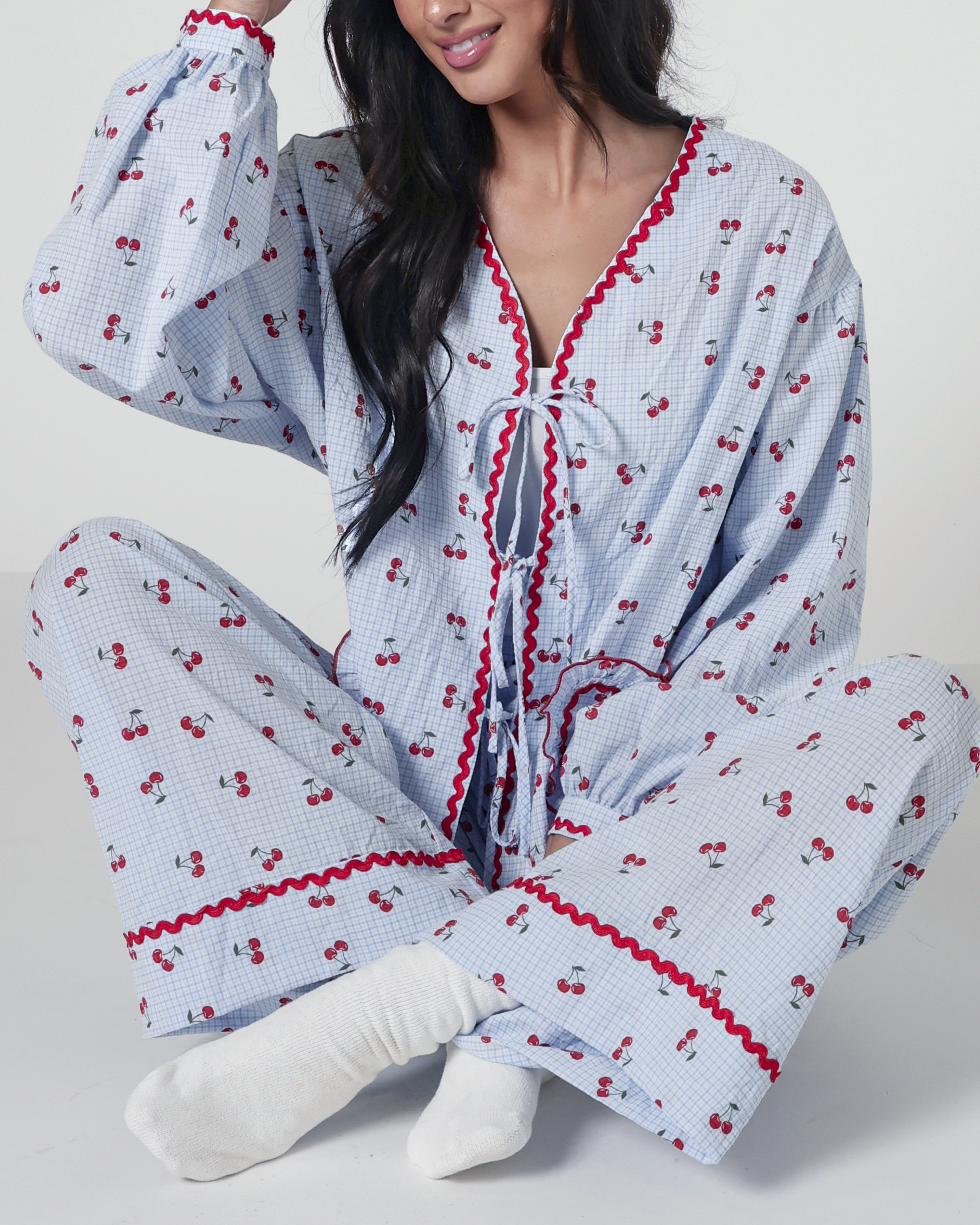 Lucille Cherry Gingham Pajama Set in Blue