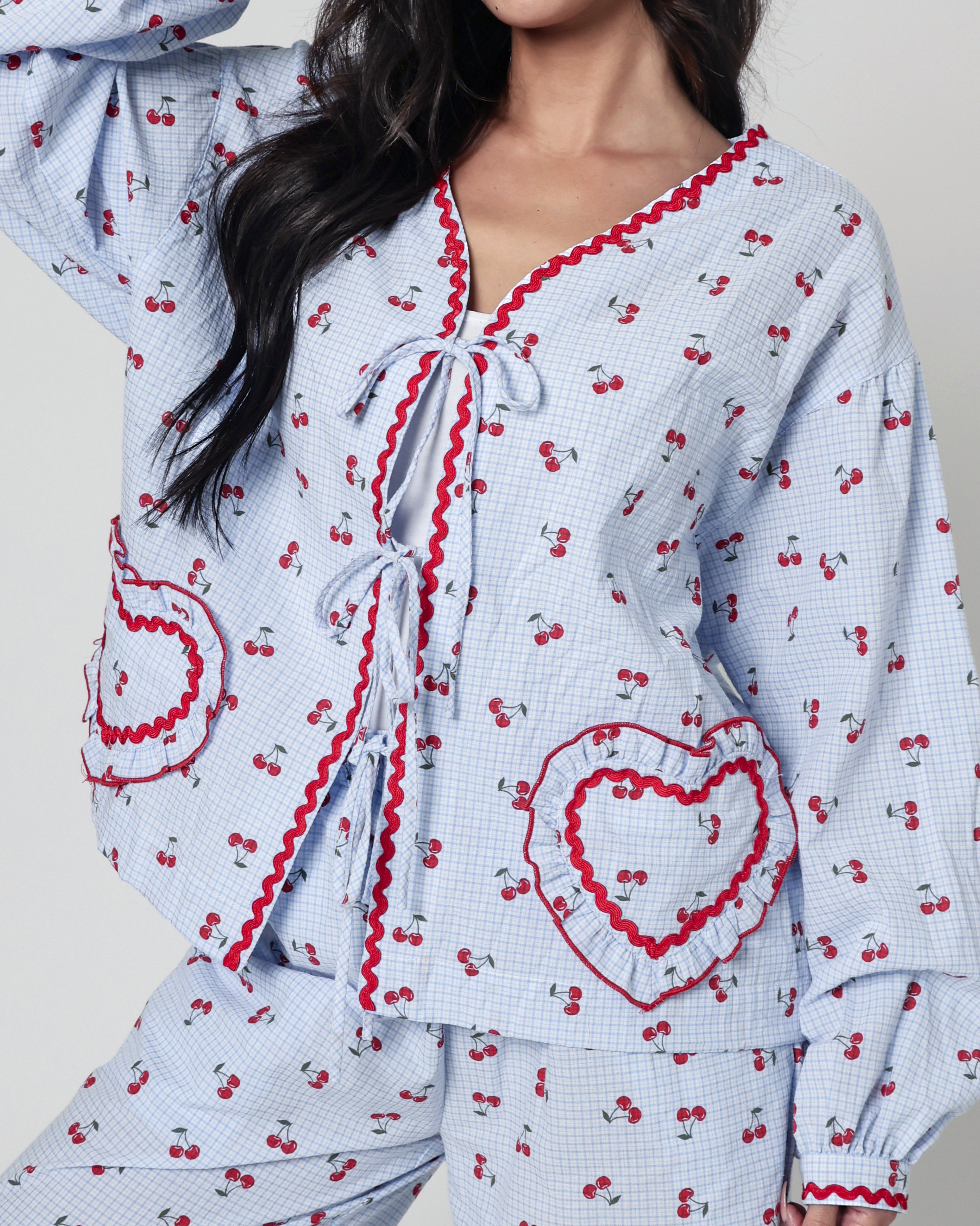 Lucille Cherry Gingham Pajama Set in Blue