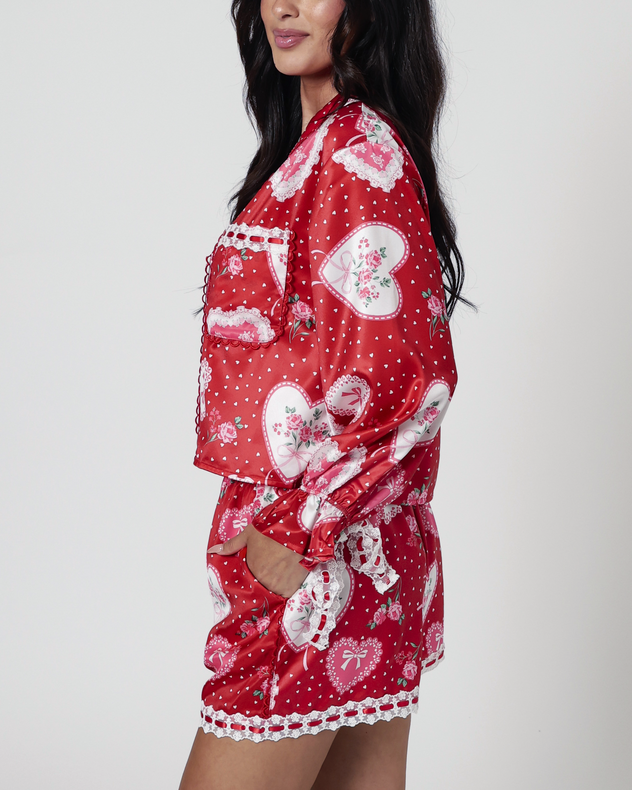 Lace Hearts Pajama Set in Red