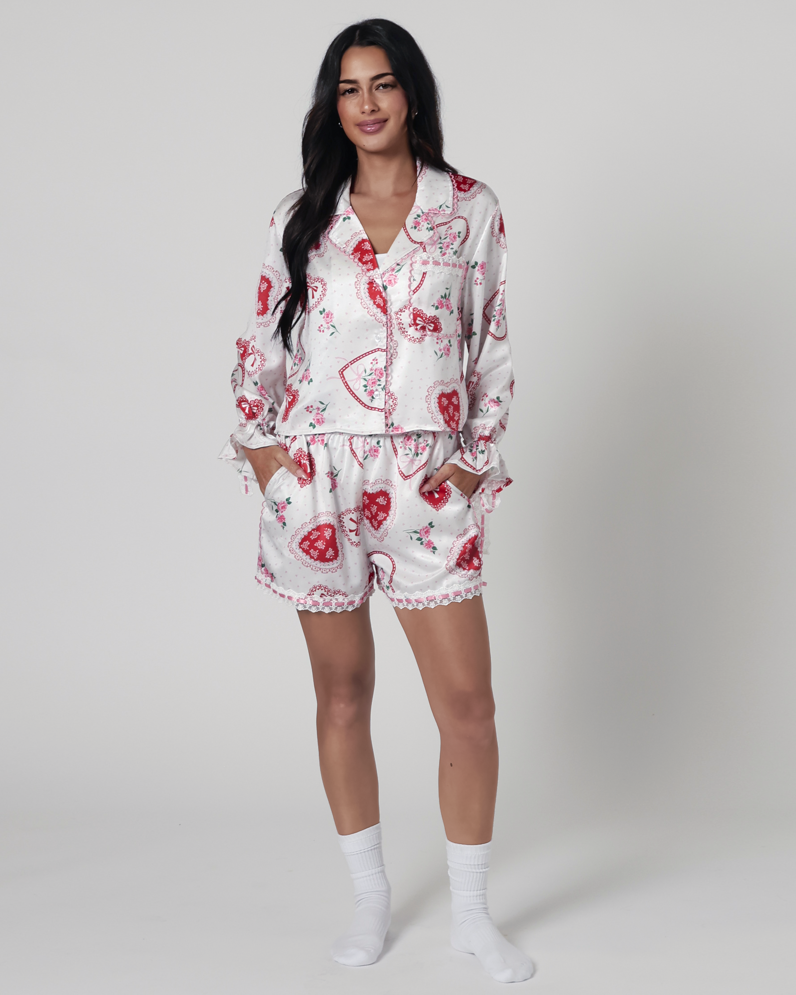 Lace Hearts Pajama Set in White/Light Pink