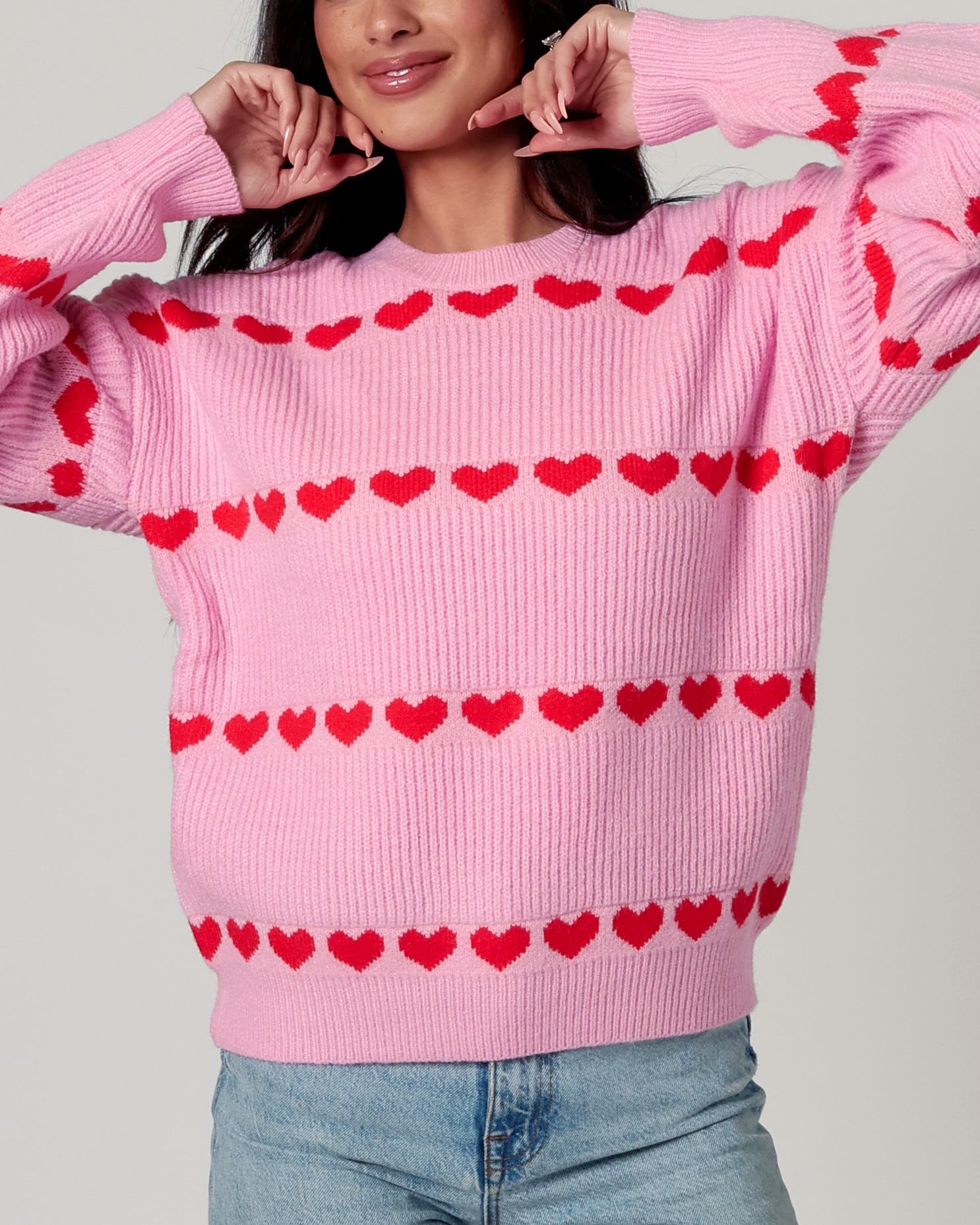 Sarah Heart Ribbed Knit Sweater in Pink/Red