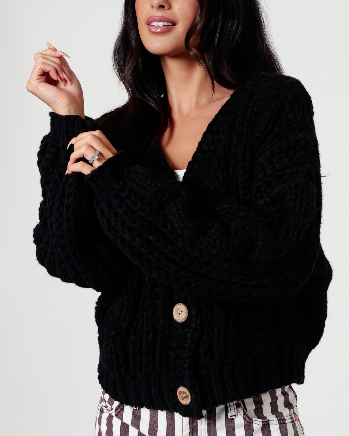 Cecelia Cable Knit Cardigan in Black – Sixteen