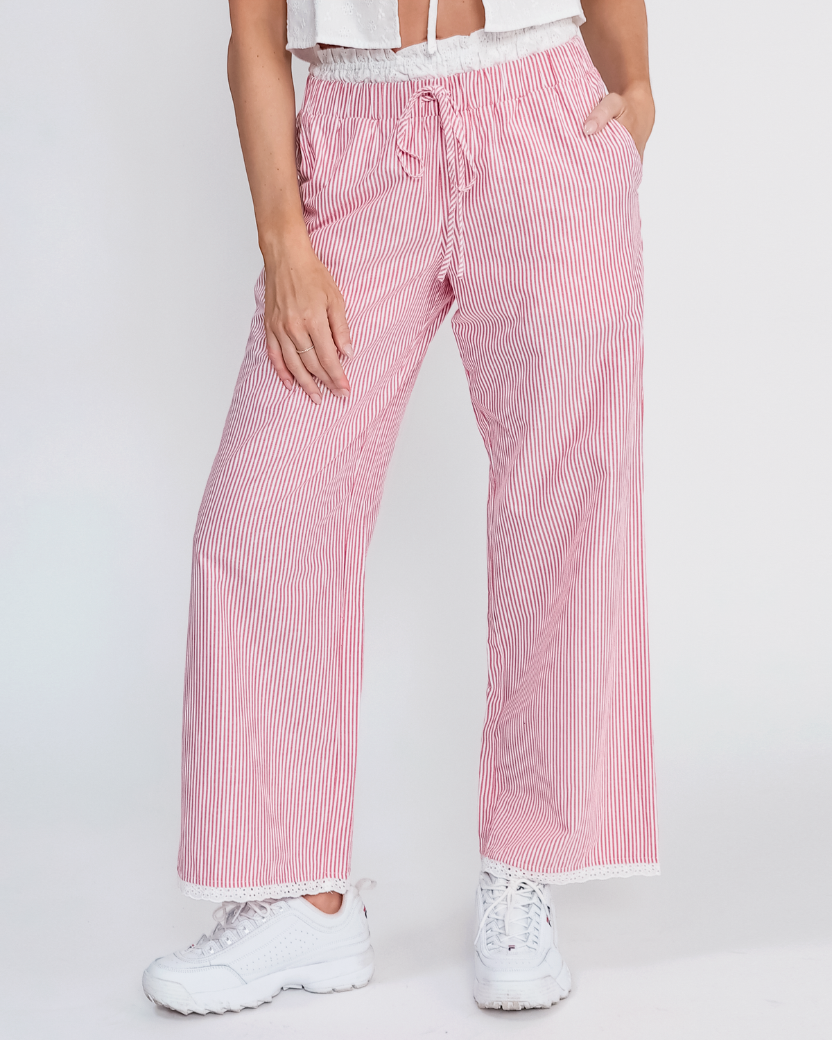 Maisie Ruffle Pinstripe Pants in Red – Sixteen