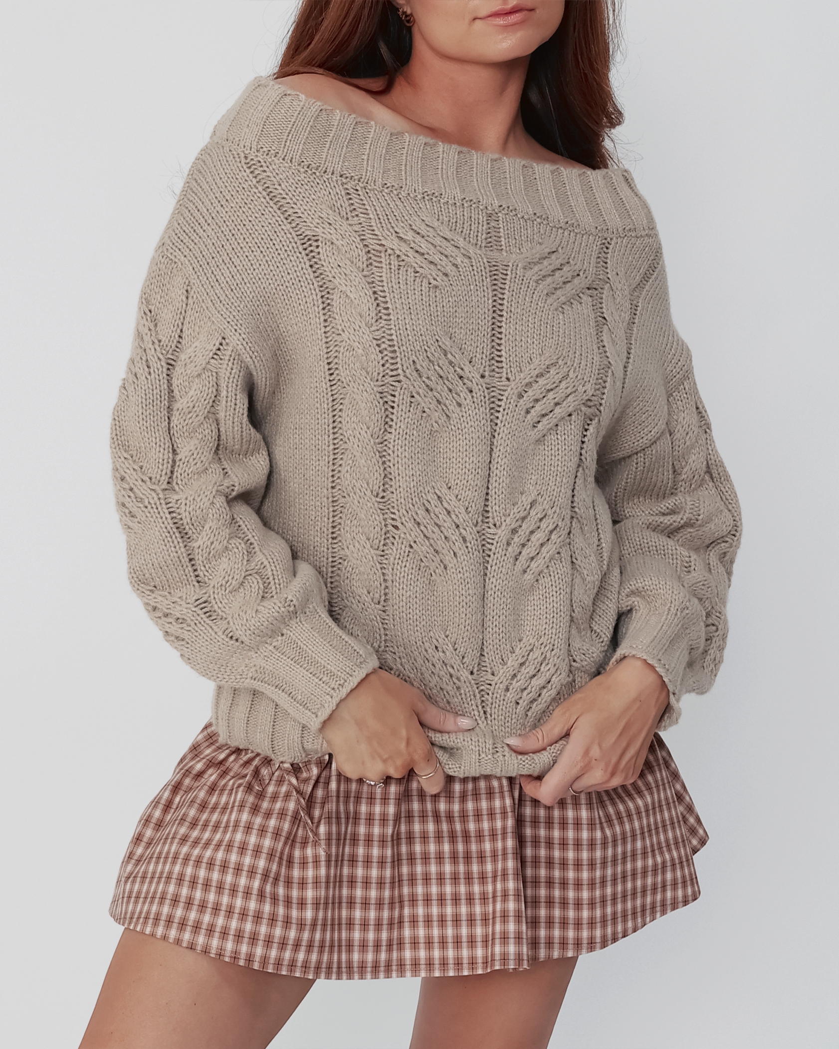 Elle Off Shoulder Sweater in Taupe