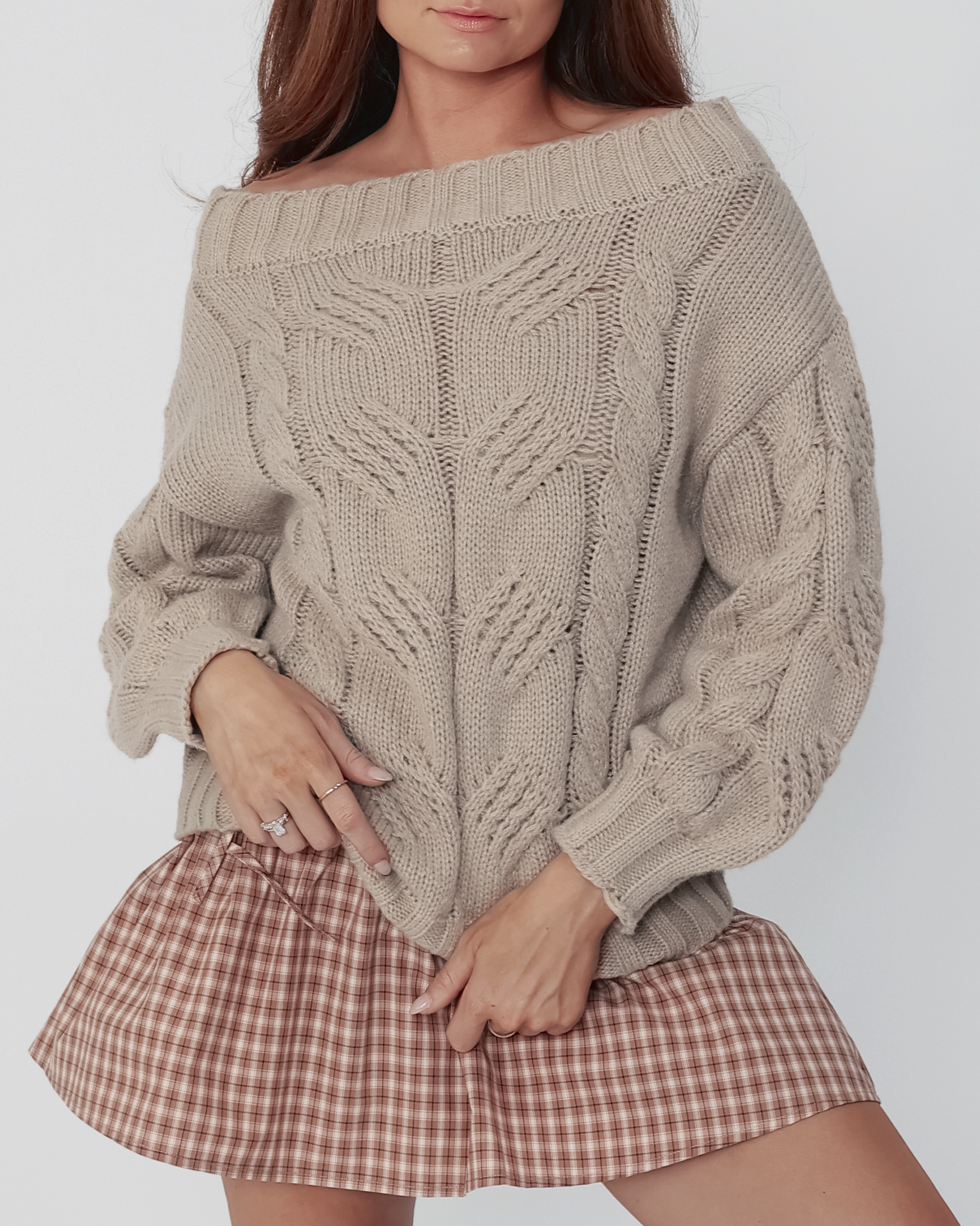 Elle Off Shoulder Sweater in Taupe