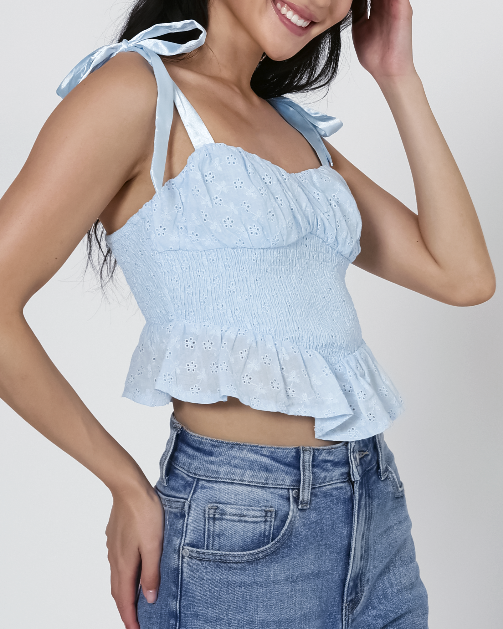 Skye Smocked Eyelet Top in Sky Blue