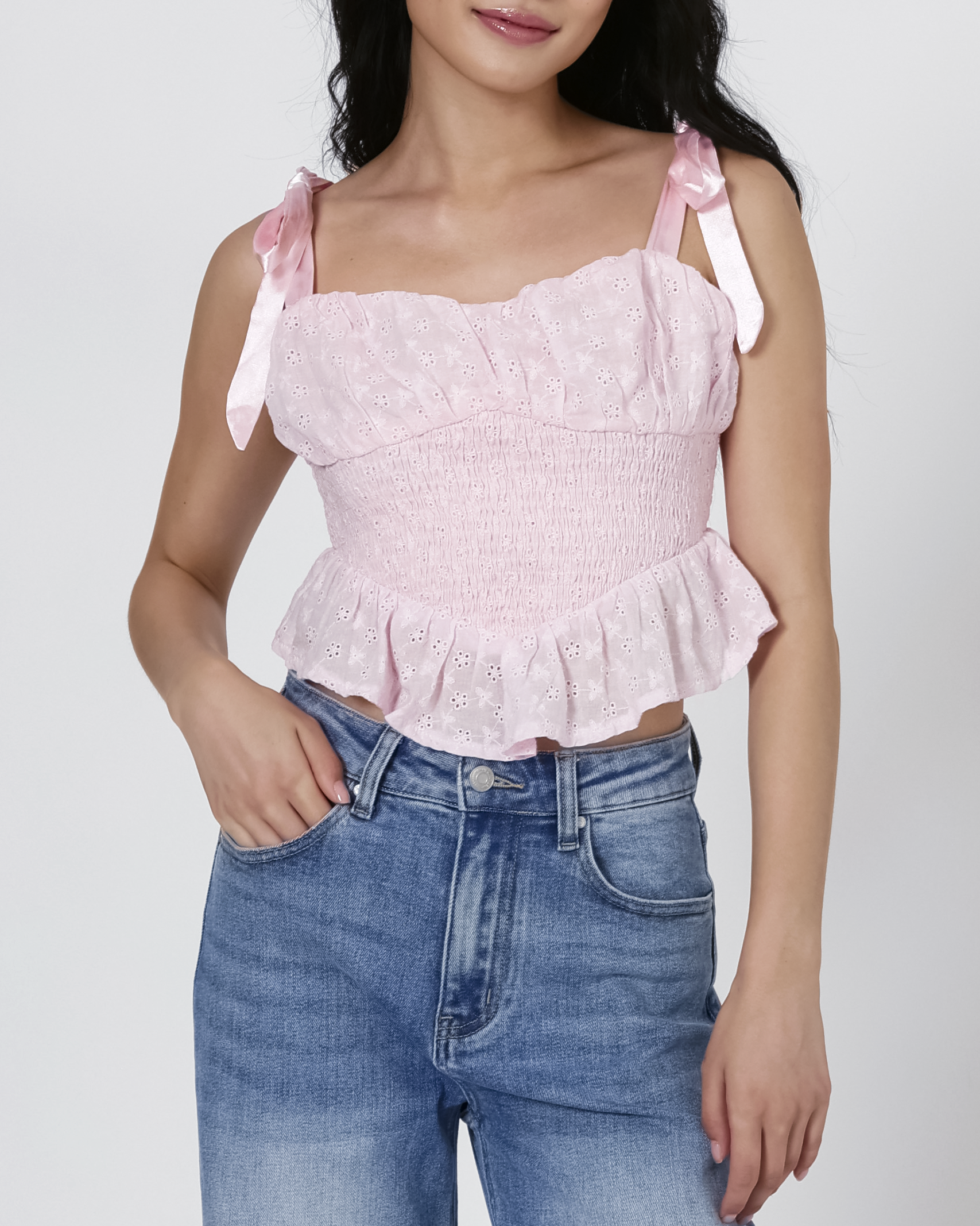 Skye Smocked Eyelet Top in Pink