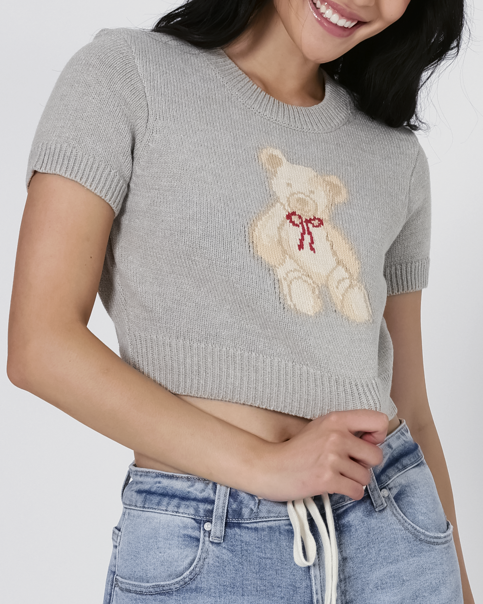 Teddy Bear Cropped Sweater Top in Heather Grey