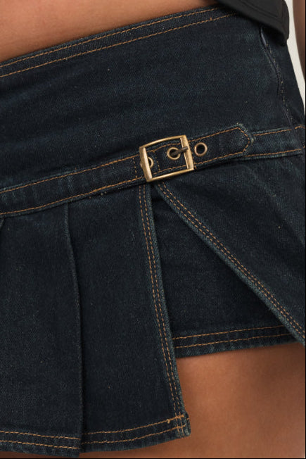 Carli Pleated Denim Mini Skirt in Dark Blue