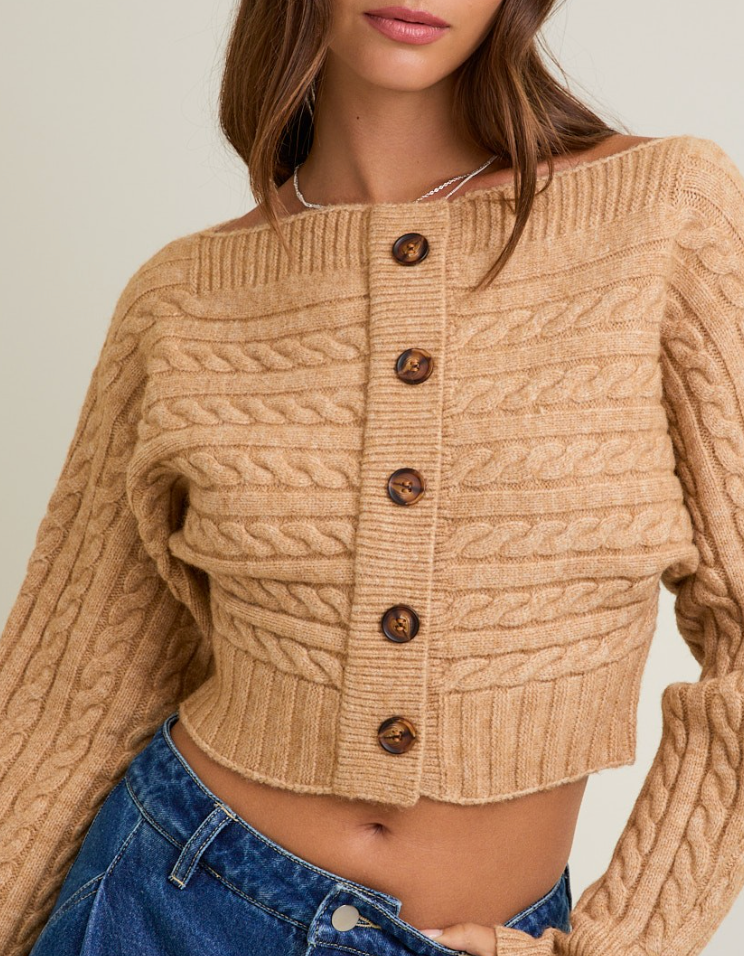 Shelby Off Shoulder Button Sweater Top in Beige