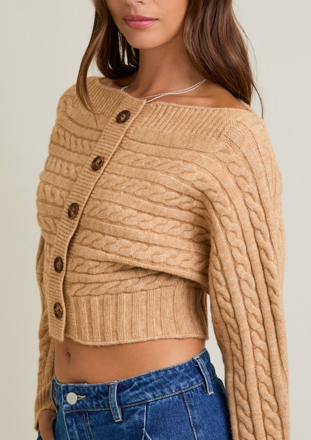 Shelby Off Shoulder Button Sweater Top in Beige