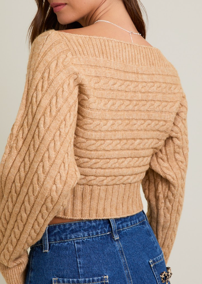 Shelby Off Shoulder Button Sweater Top in Beige
