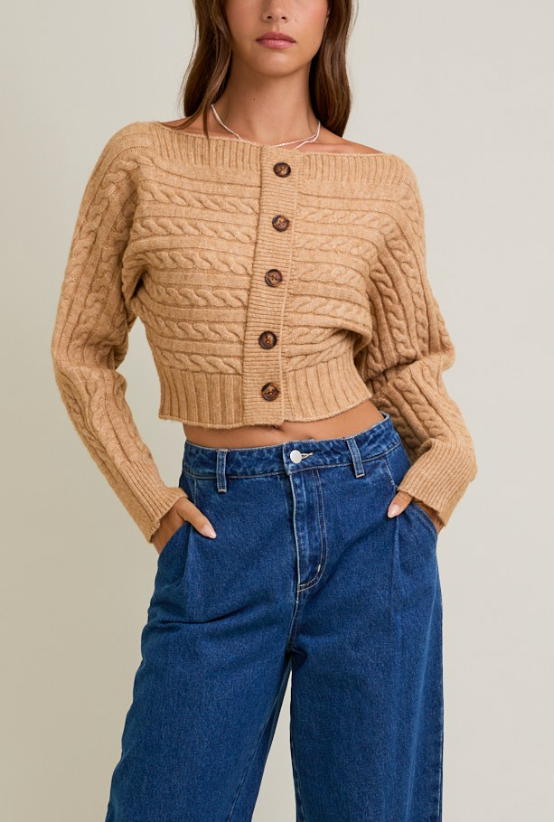 Shelby Off Shoulder Button Sweater Top in Beige