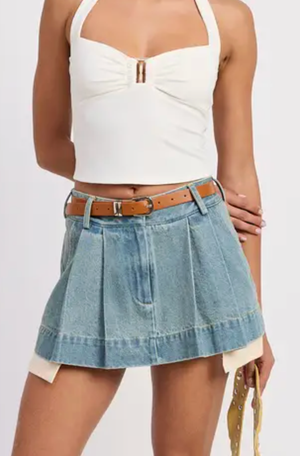 Ashlyn Contrast Pleated Denim Mini Skirt