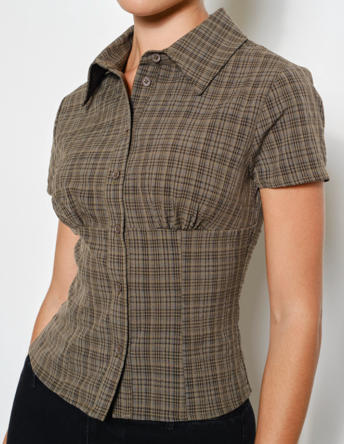 Lennon Plaid Button Up Top in Brown