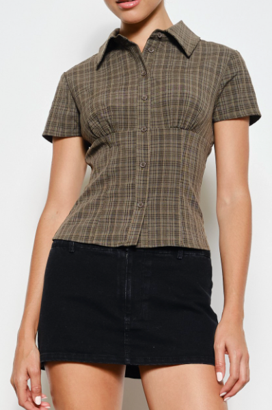 Lennon Plaid Button Up Top in Brown