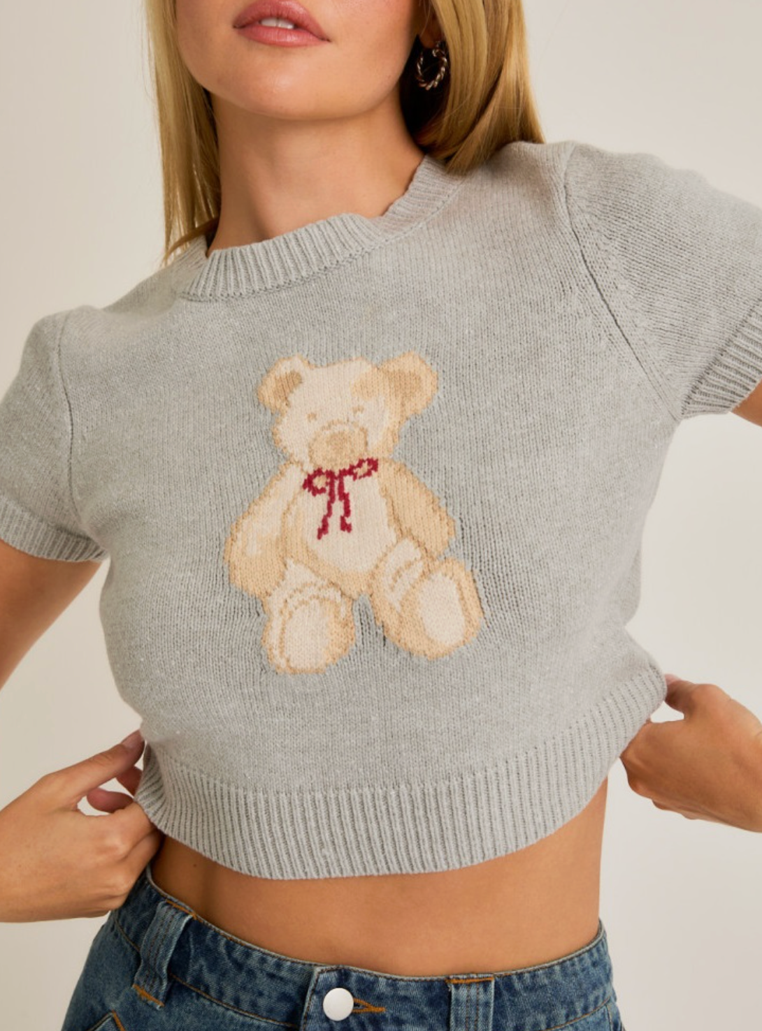 Rock teddy cropped sweater ニット❤︎ Teddy Bear Cropped Sweater Tee in Heather Grey – Sixteen