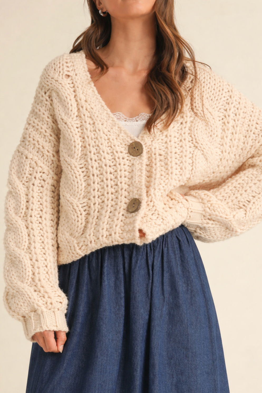 Cecelia Cable Knit Cardigan in Cream – Sixteen