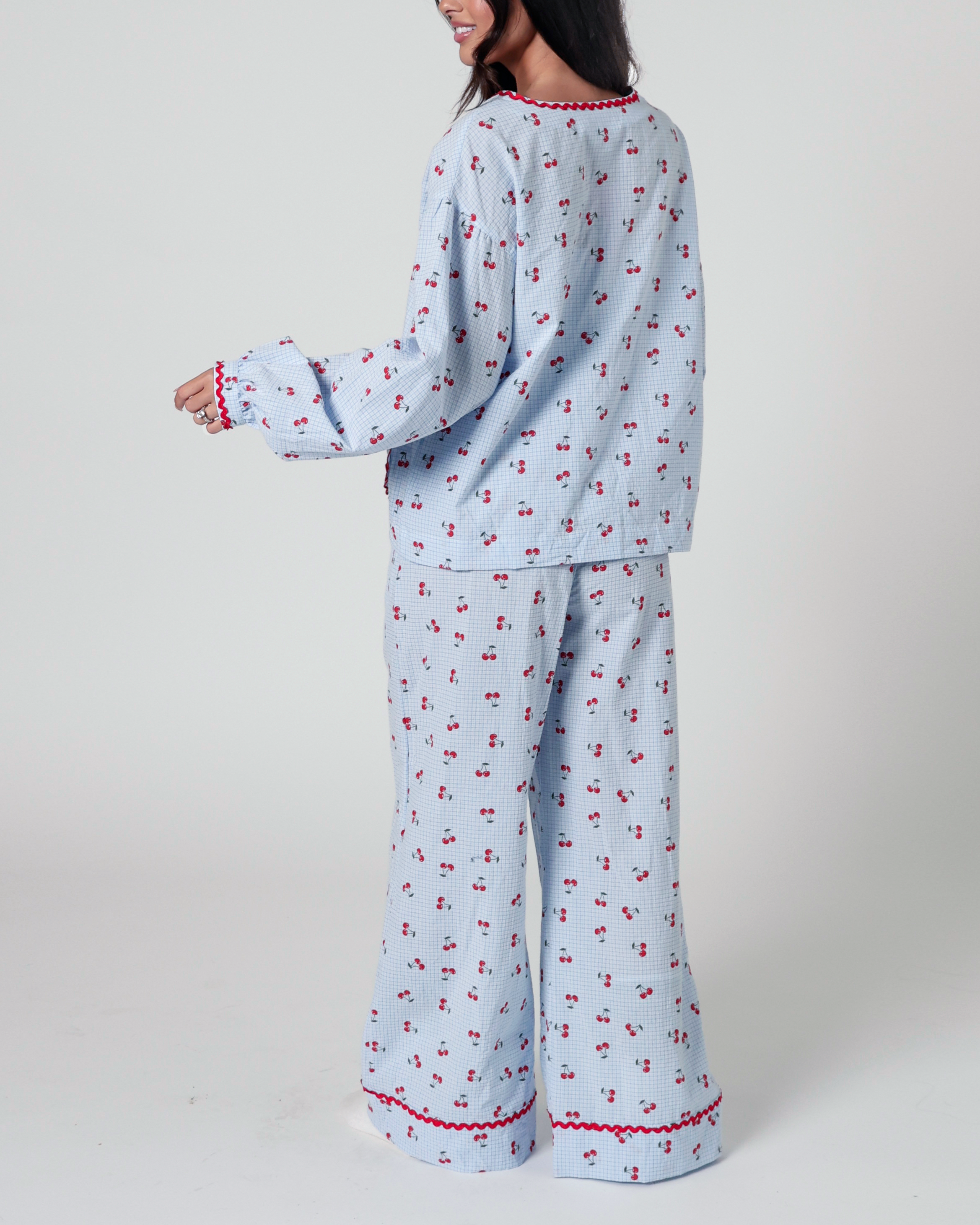Lucille Cherry Gingham Pajama Set in Blue