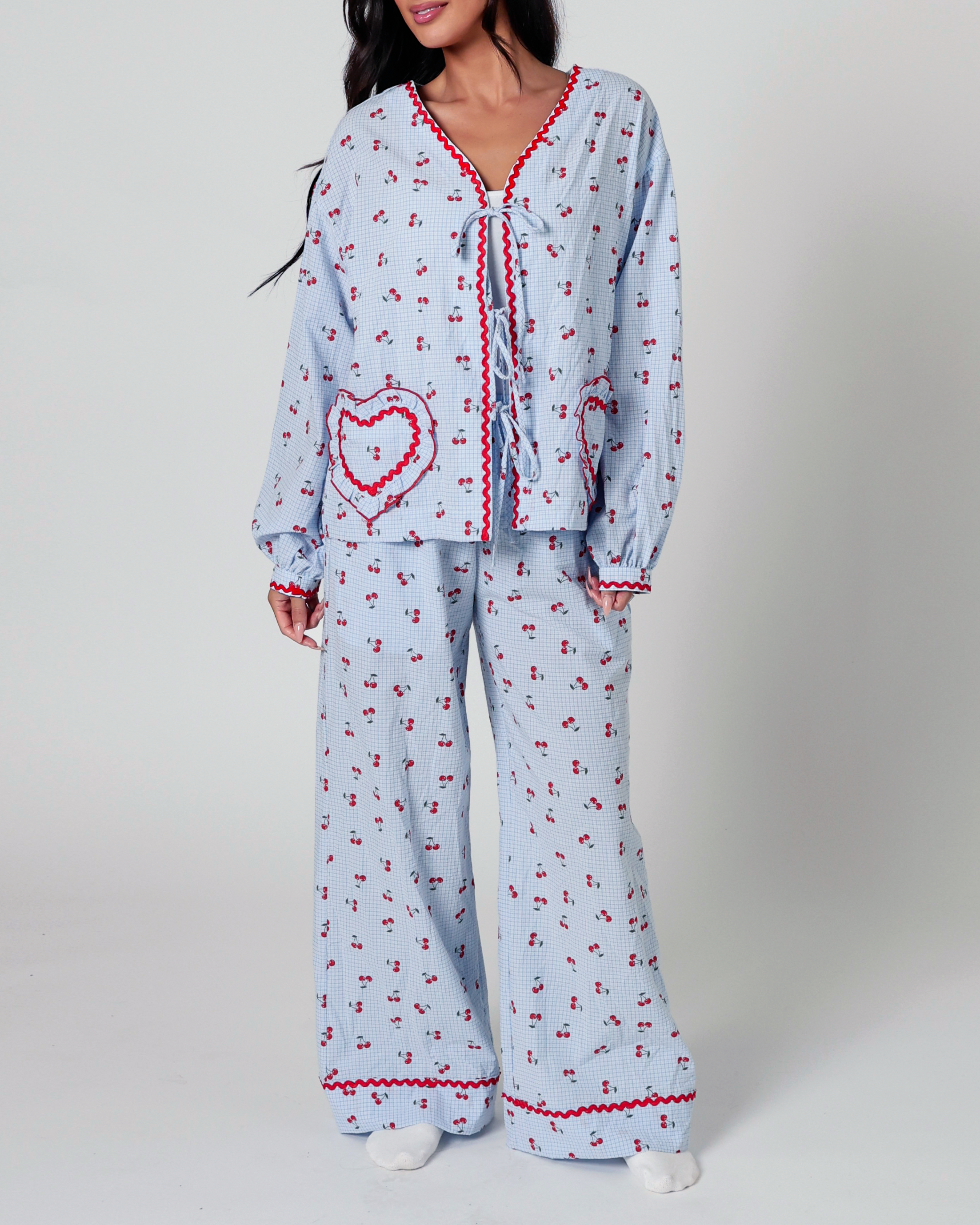 Lucille Cherry Gingham Pajama Set in Blue