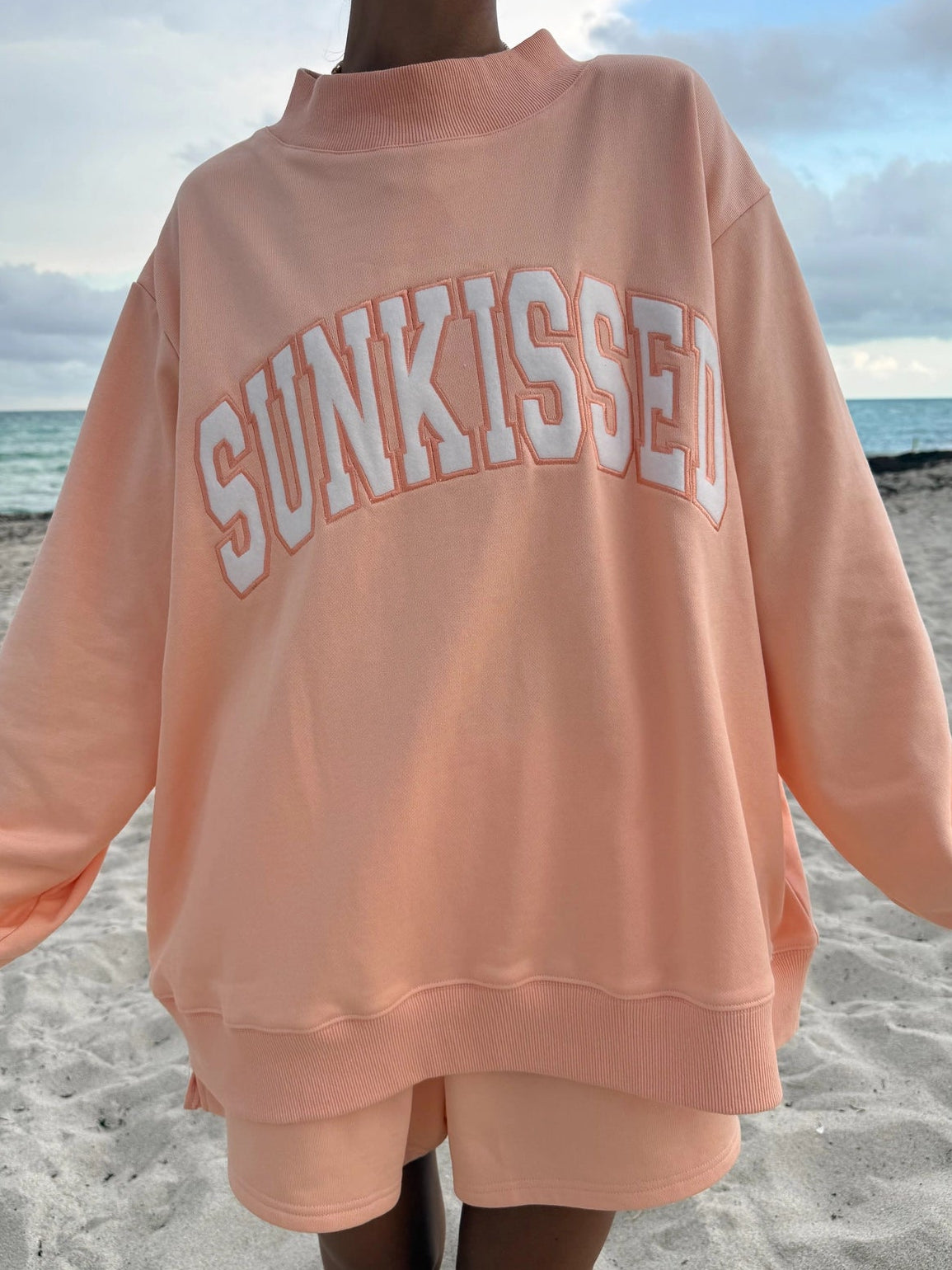Mockneck Sunkissed Varsity Embroidered Sweatshirt in Papaya Orange