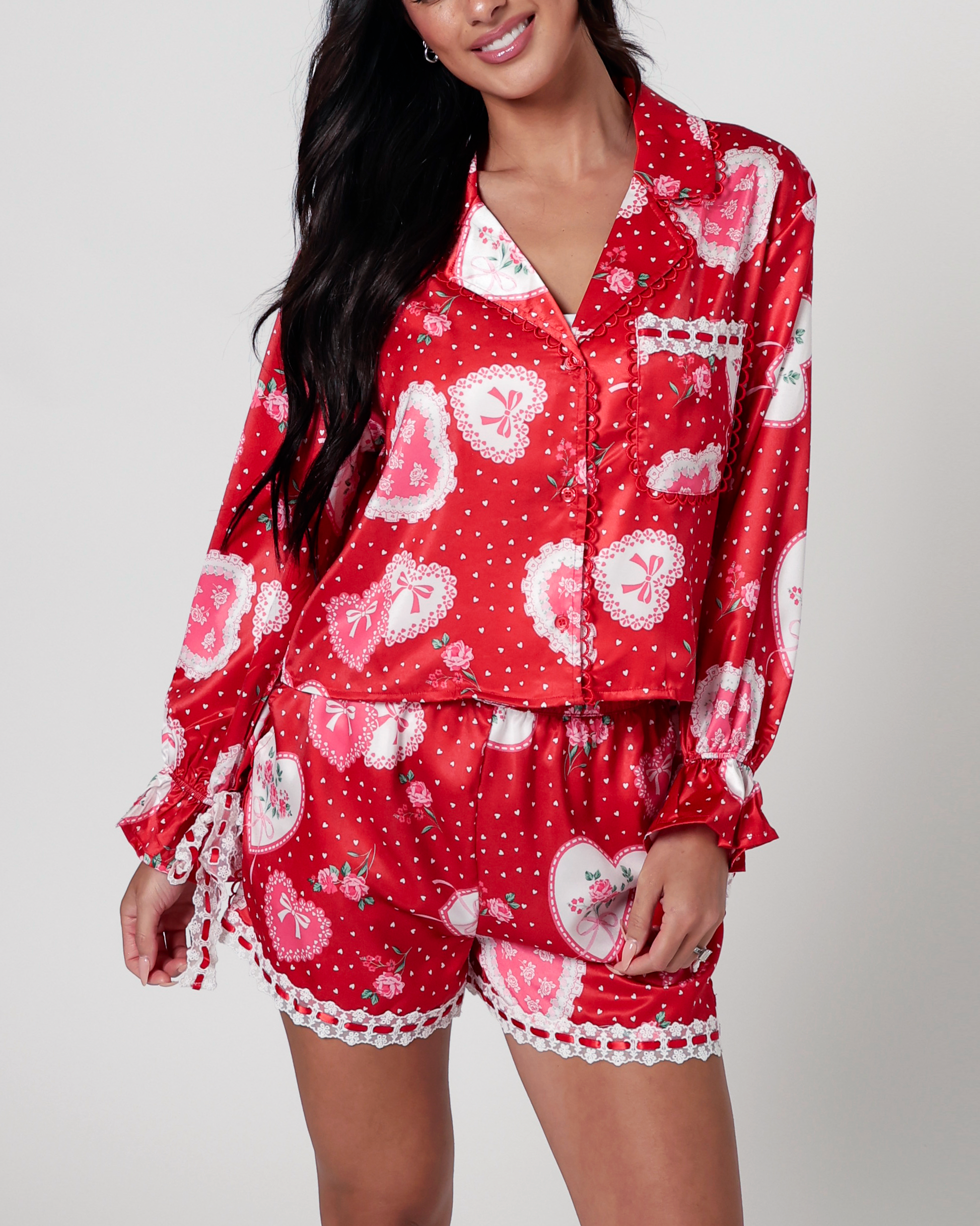 Lace Hearts Pajama Set in Red
