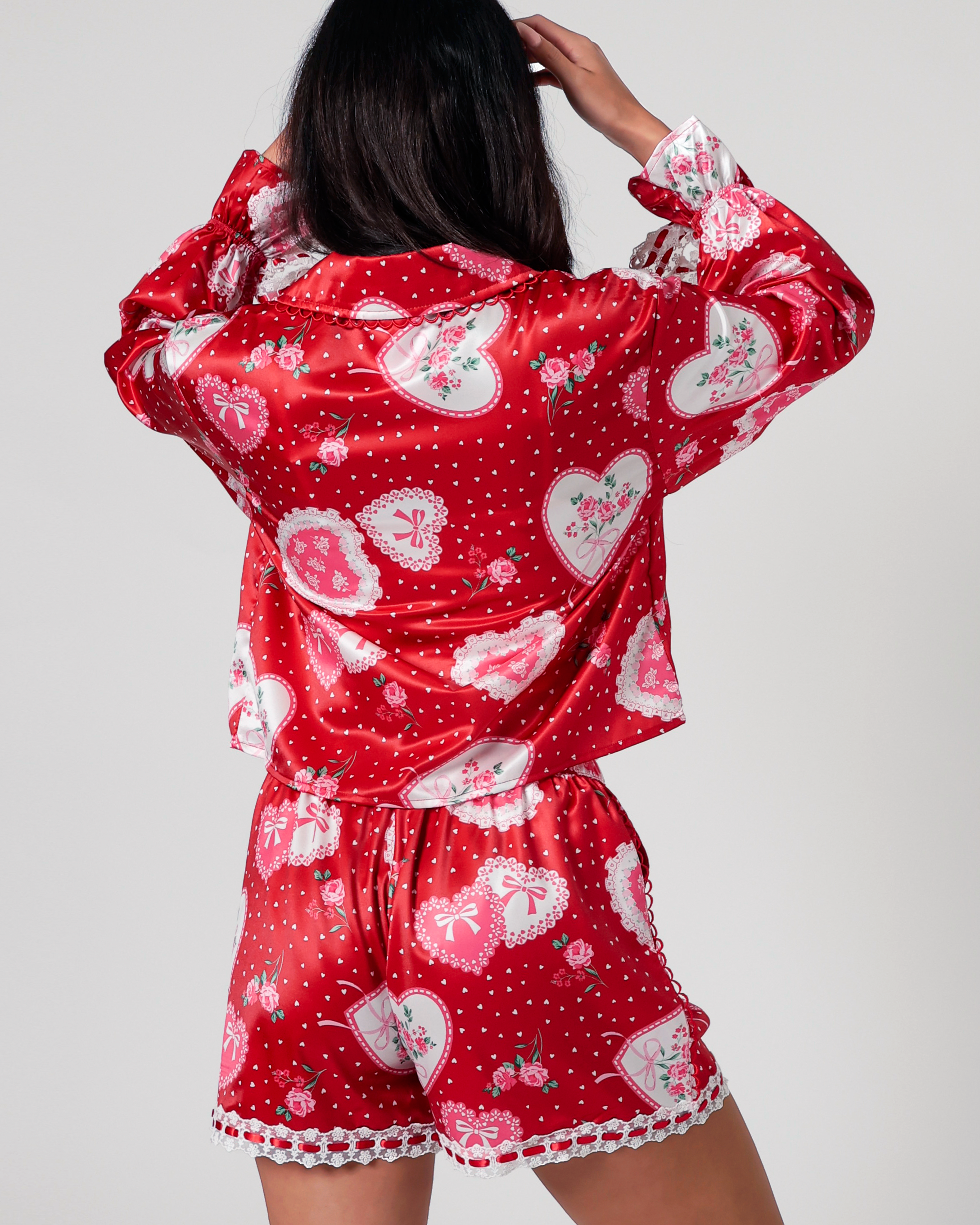 Lace Hearts Pajama Set in Red/White