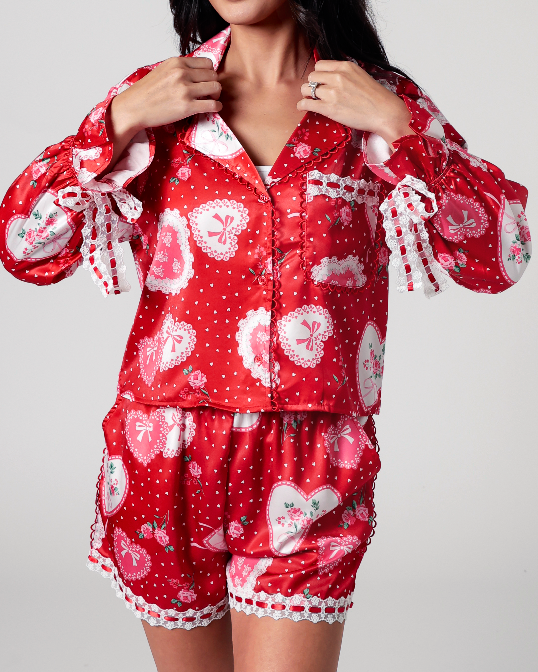 Lace Hearts Pajama Set in Red/White