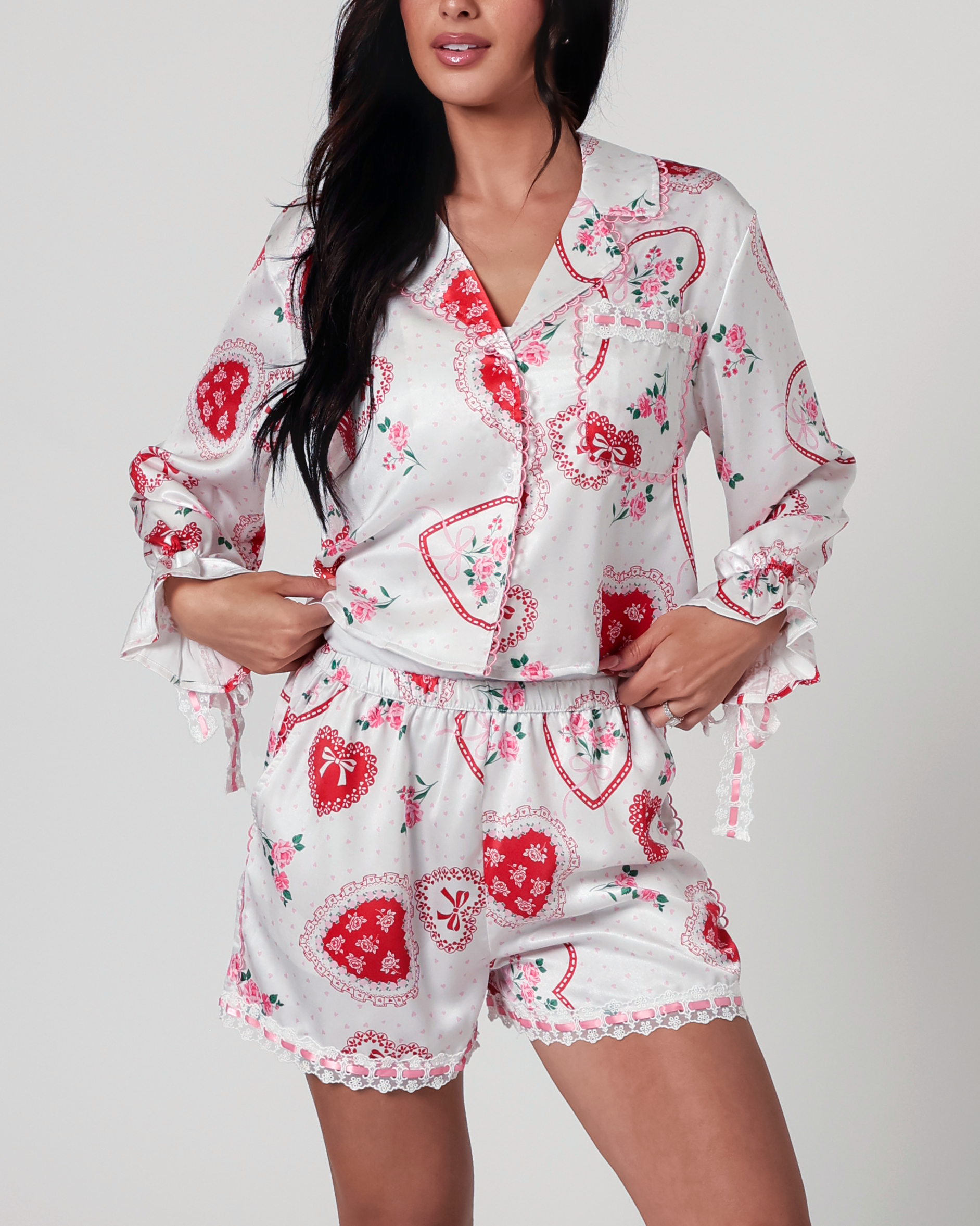 Lace Hearts Pajama Set in White/Light Pink