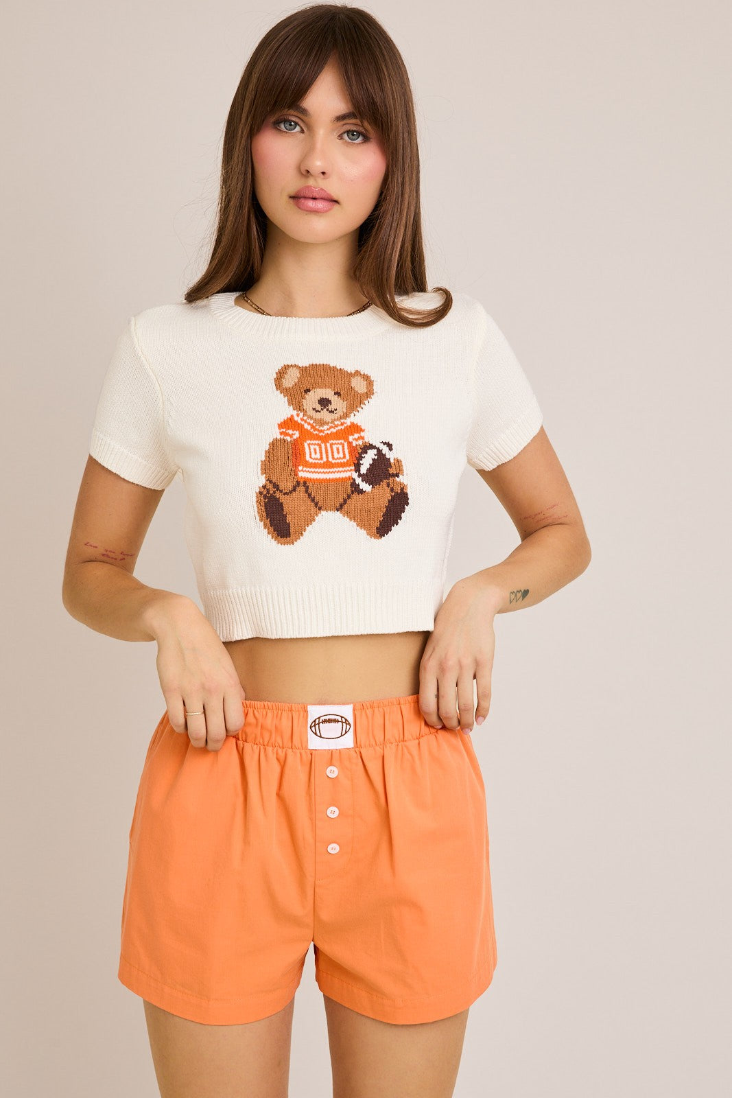 Football Star Teddy Bear Sweater Tee in White & Orange