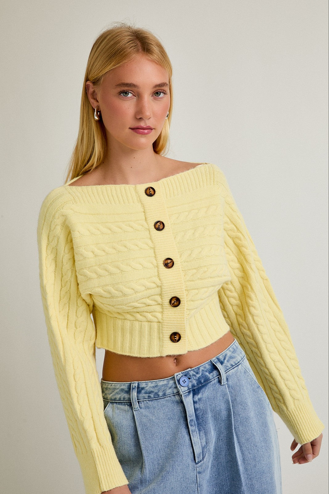 Shelby Off Shoulder Button Sweater Top in Light Yellow