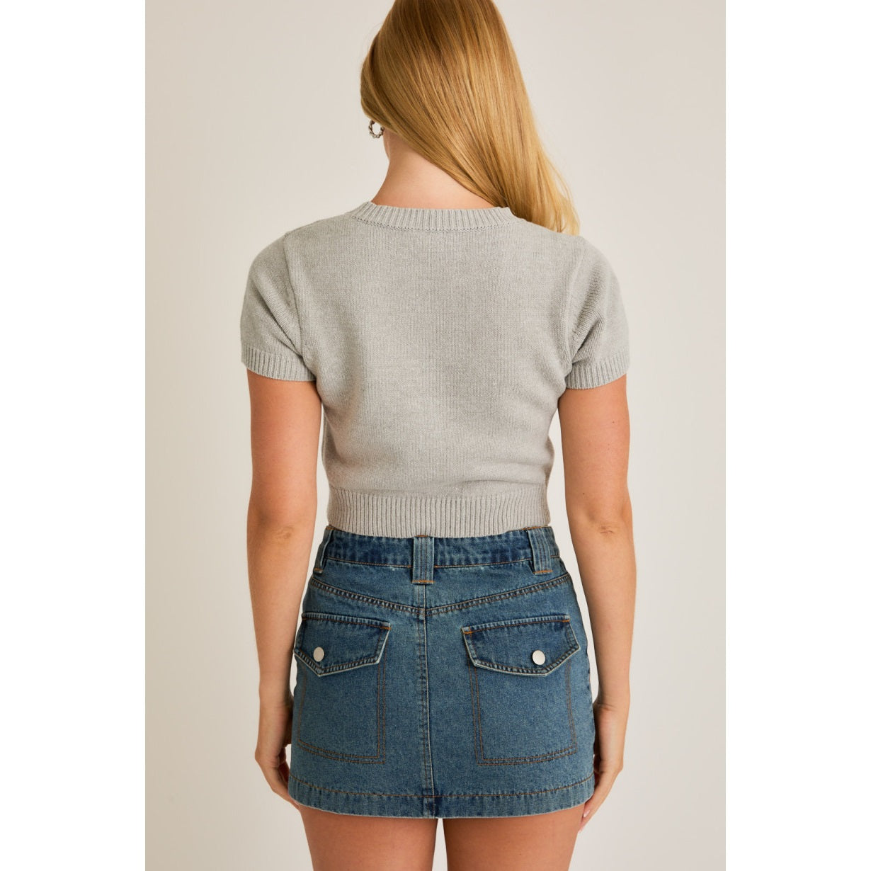 Teddy Bear Cropped Sweater Tee in Heather Grey