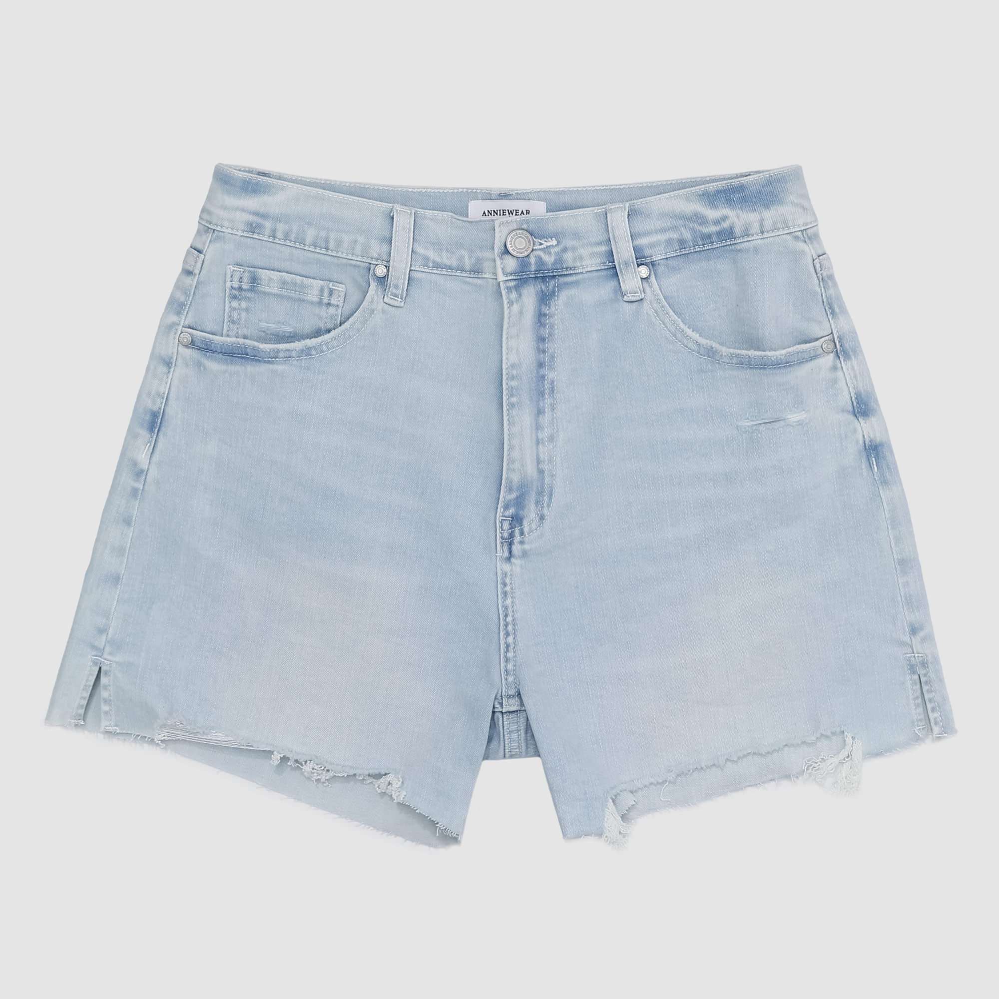 Kaleigh Distressed Hem Denim Shorts in Light Indigo