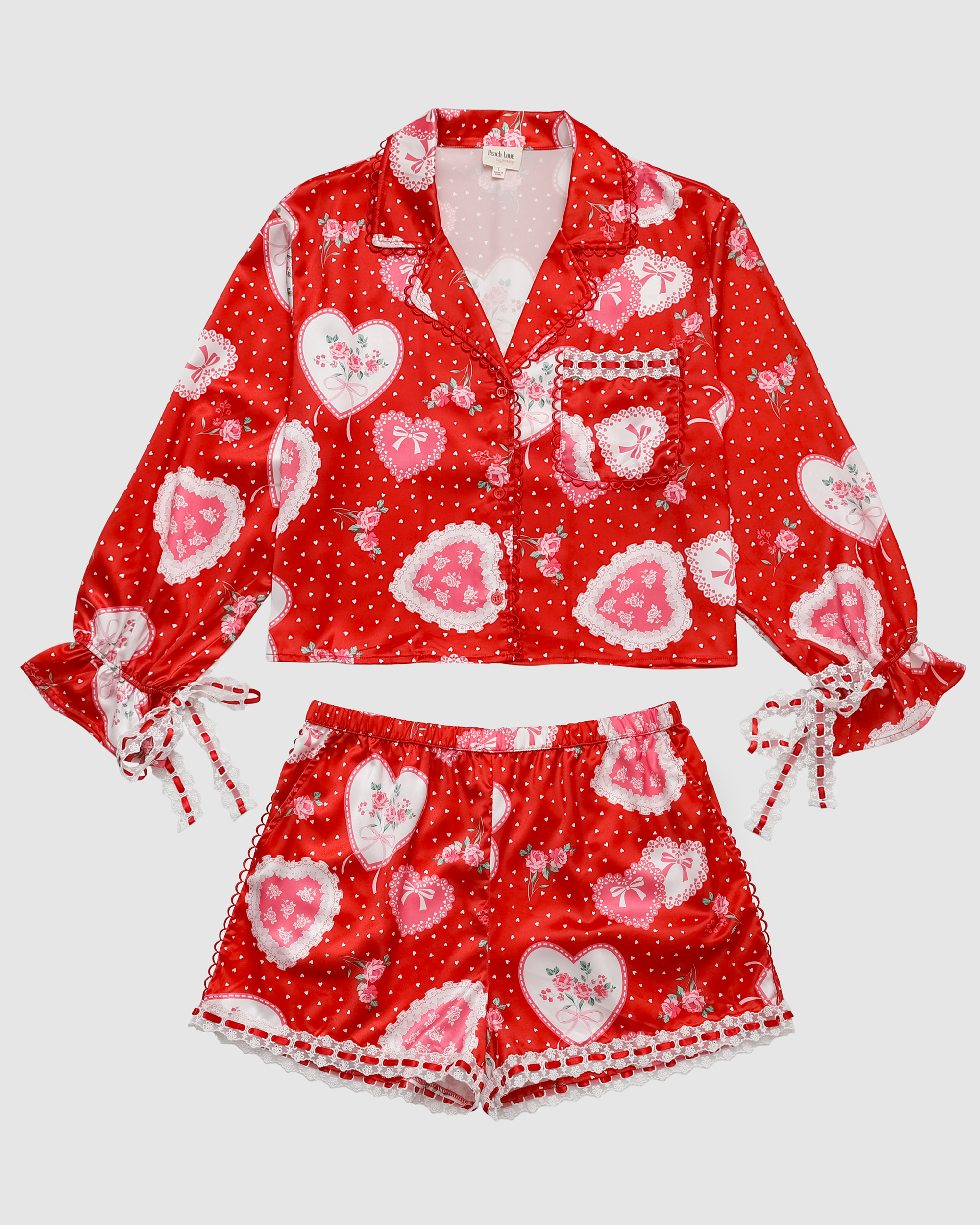 Lace Hearts Pajama Set in Red