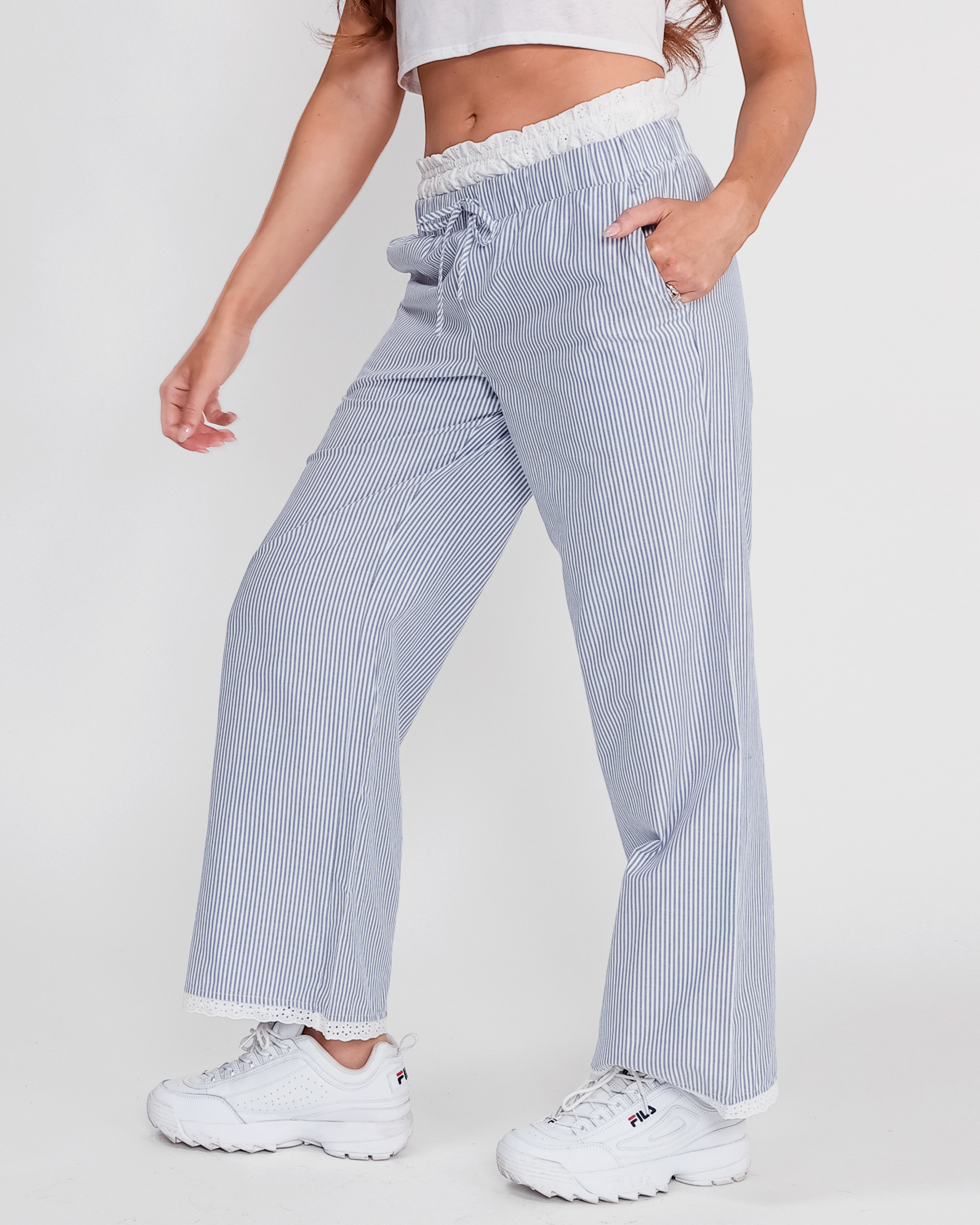 Maisie Ruffle Lined Pants in Blue/White