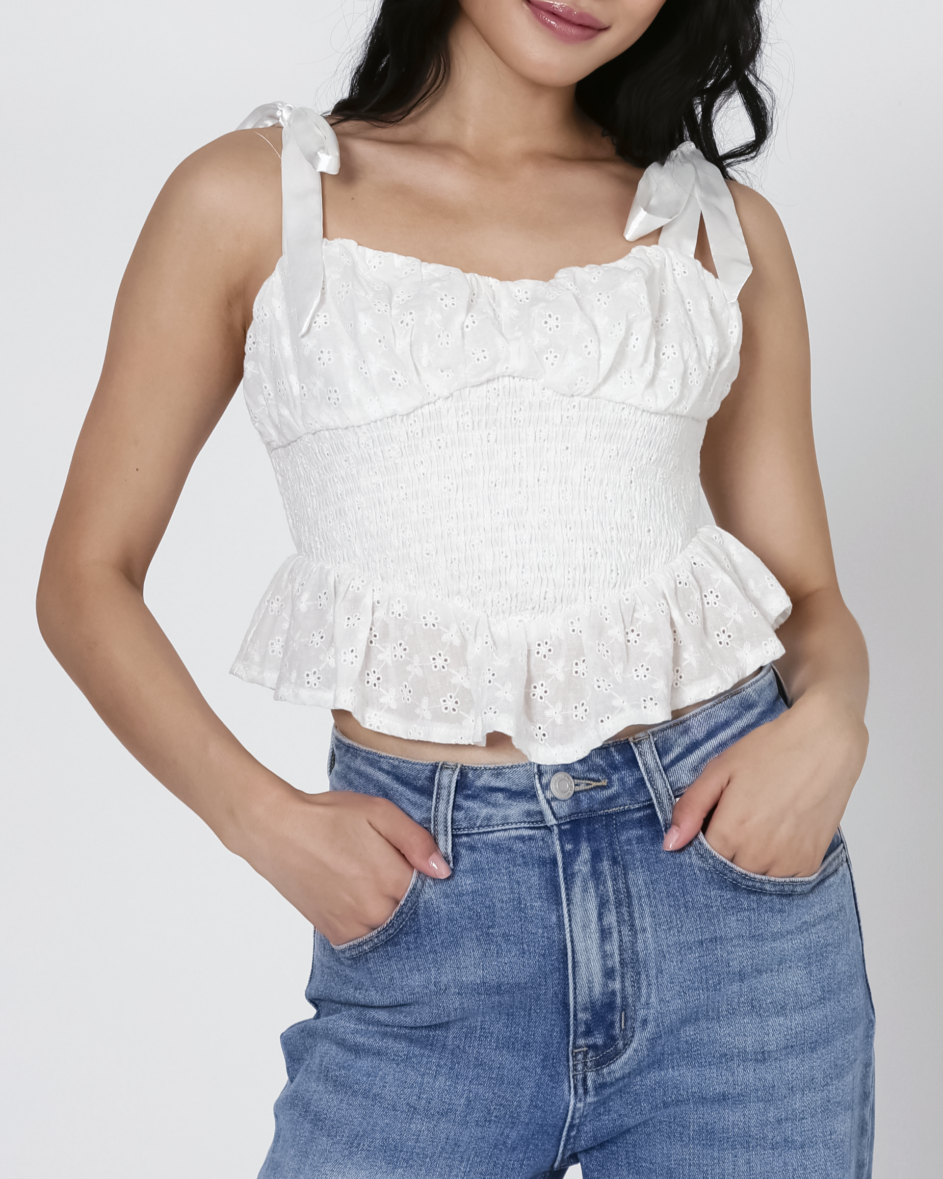 Skye Smocked Eyelet Top in White