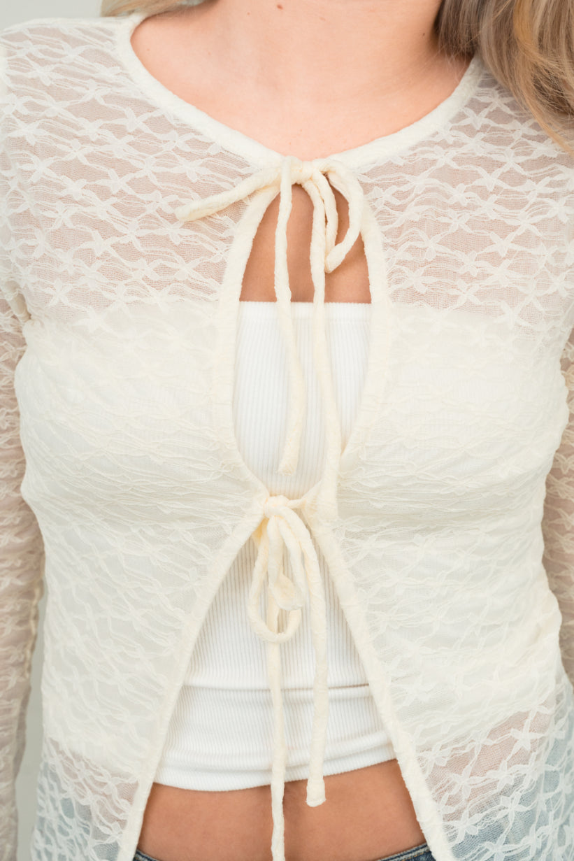Pearl Tie-Front Lace Cardigan Top – Sixteen