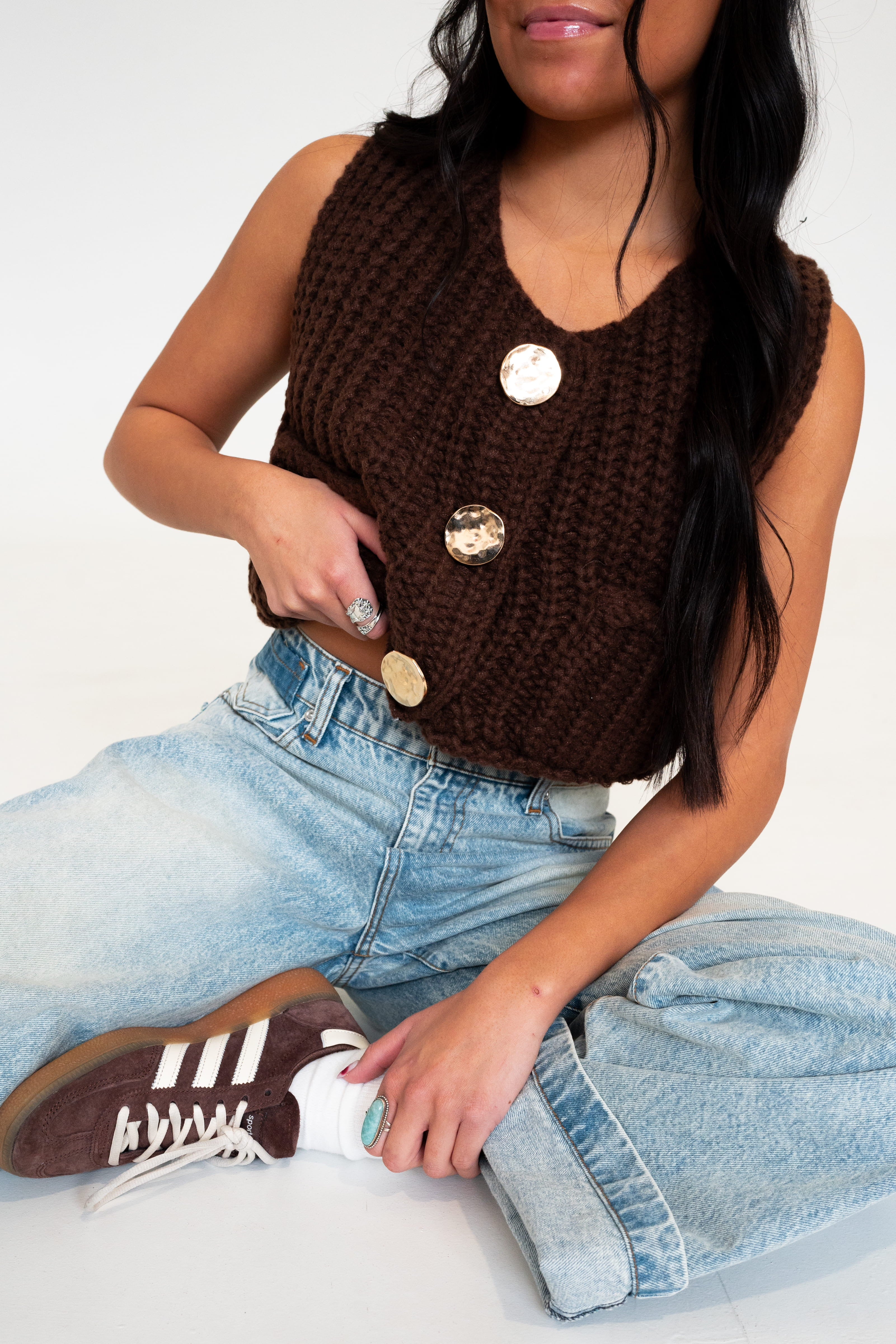 Reese Sleeveless Knit Cardigan Vest in Brown