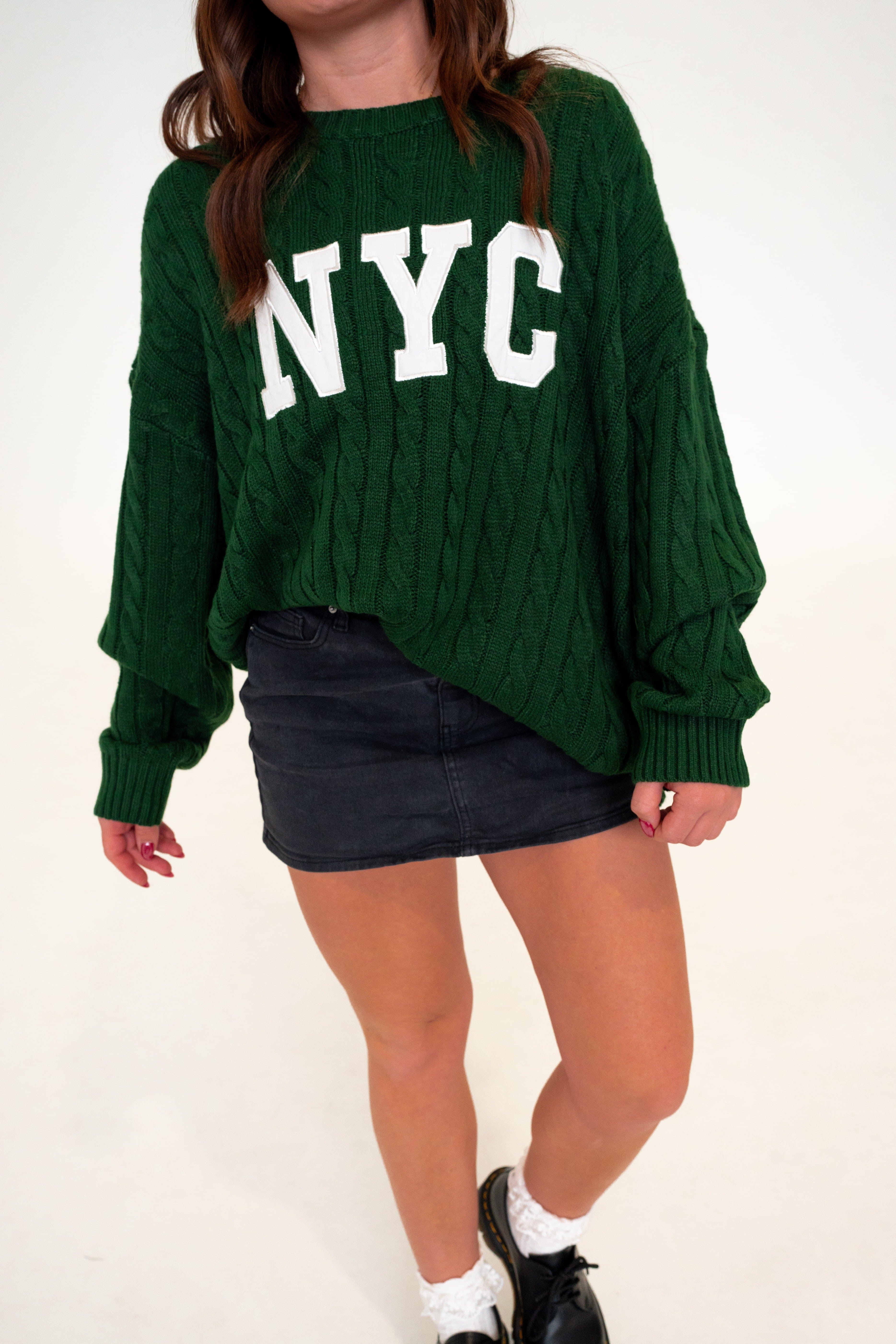 NYC Cable Knit Sweater in Green