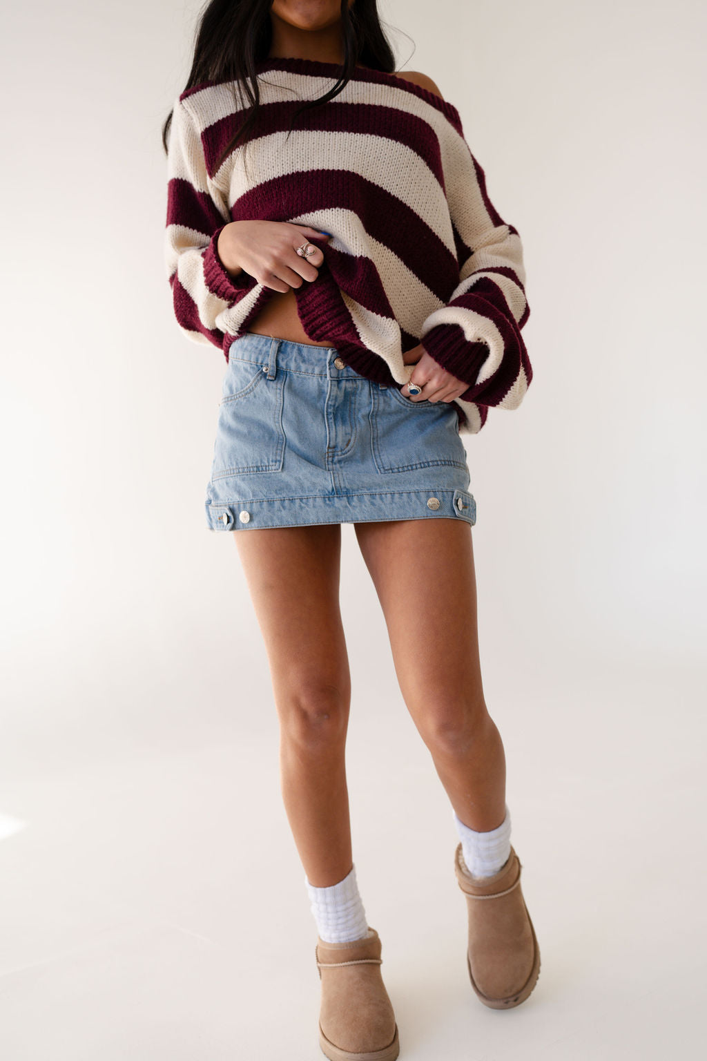 Claire Off Shoulder Stripe Sweater in Burgundy/Ivory