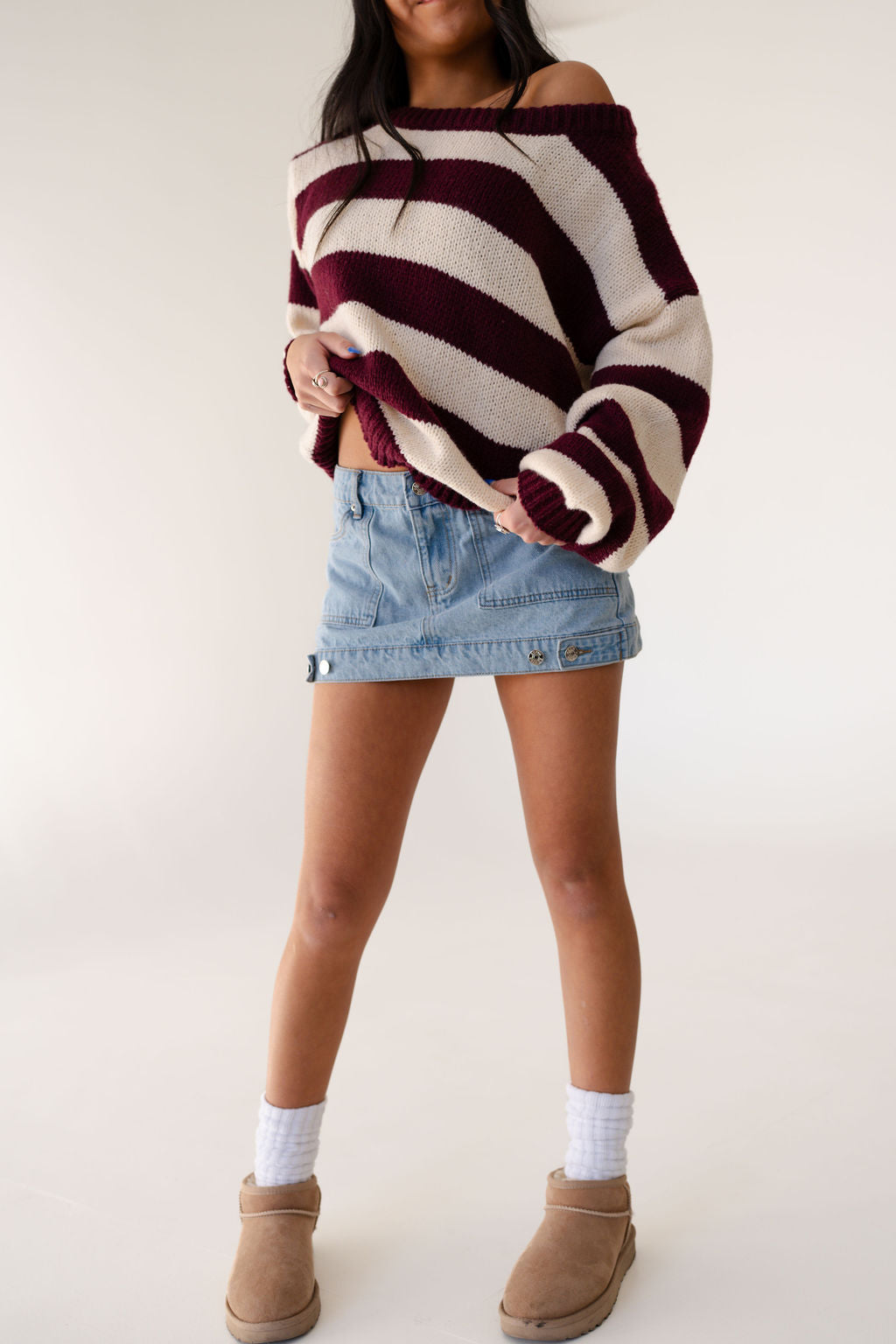 Claire Off Shoulder Stripe Sweater in Burgundy/Ivory