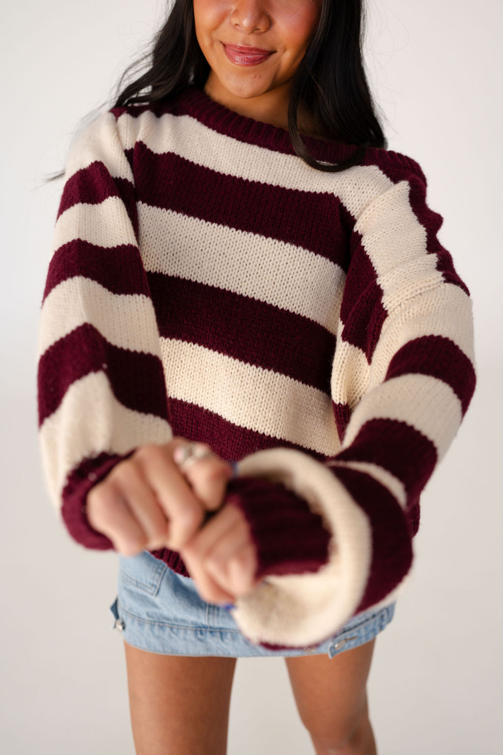 Claire Off Shoulder Stripe Sweater in Burgundy/Ivory