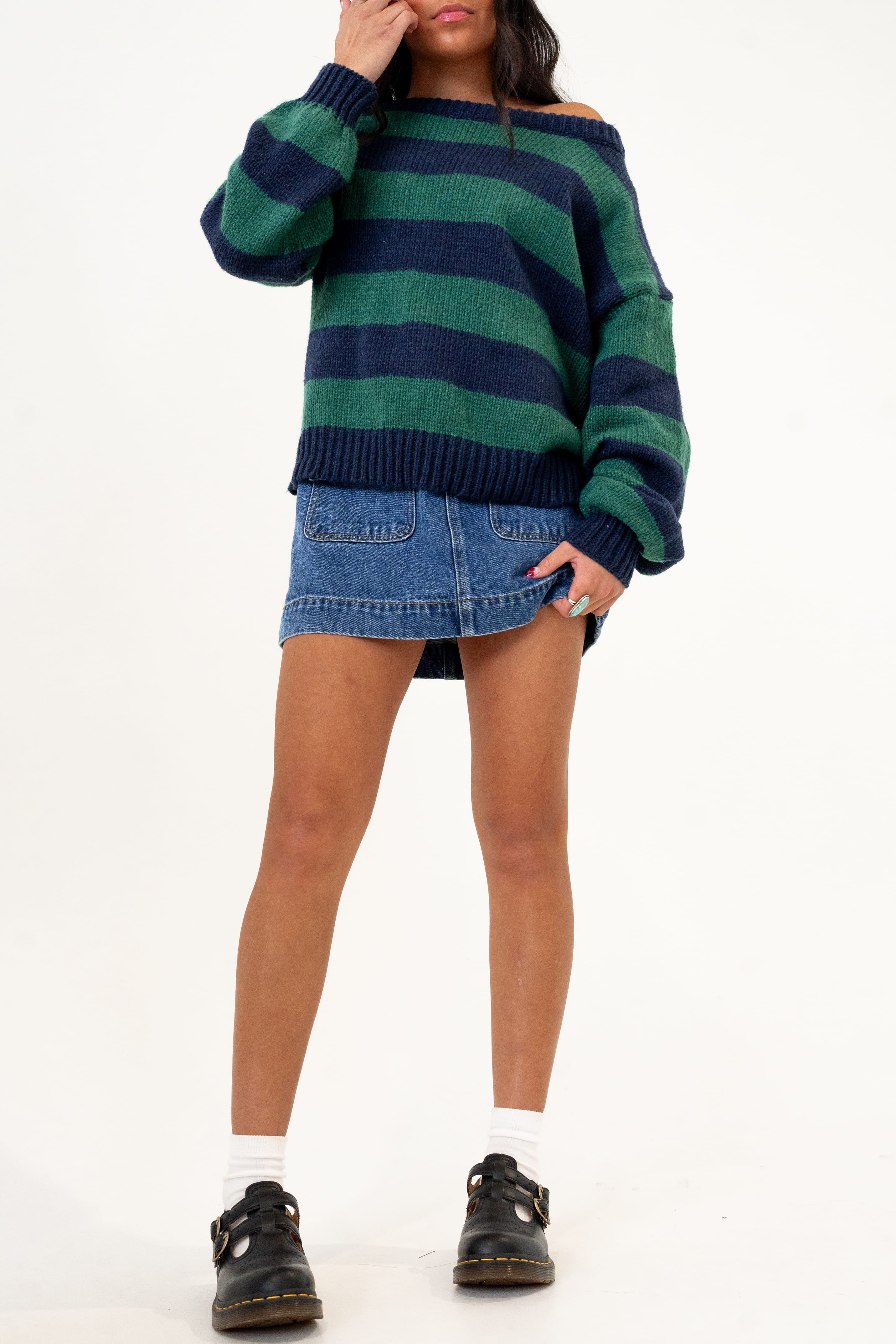 Claire Off Shoulder Stripe Sweater in Navy/Green