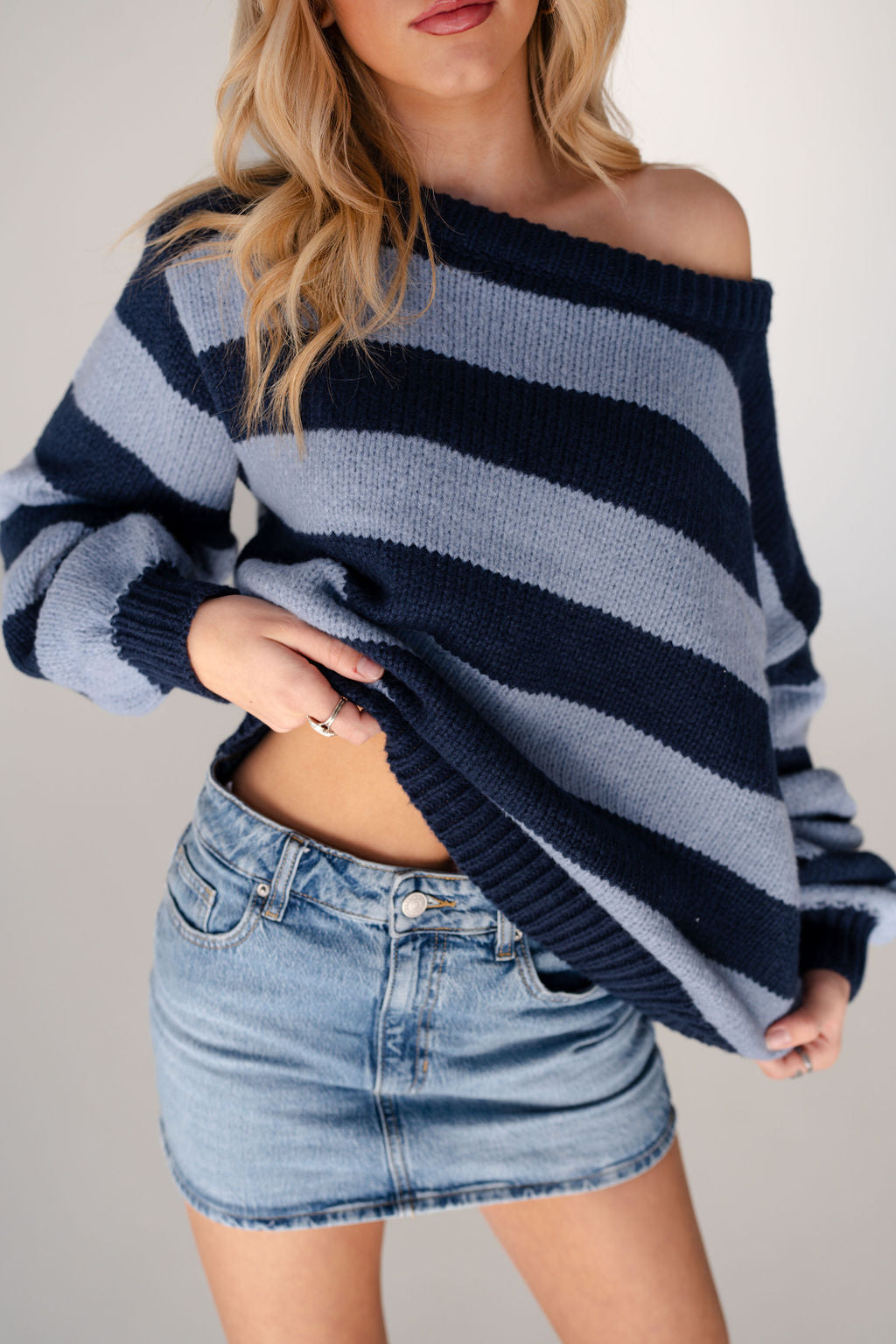 Claire Off Shoulder Stripe Sweater in Navy/Blue