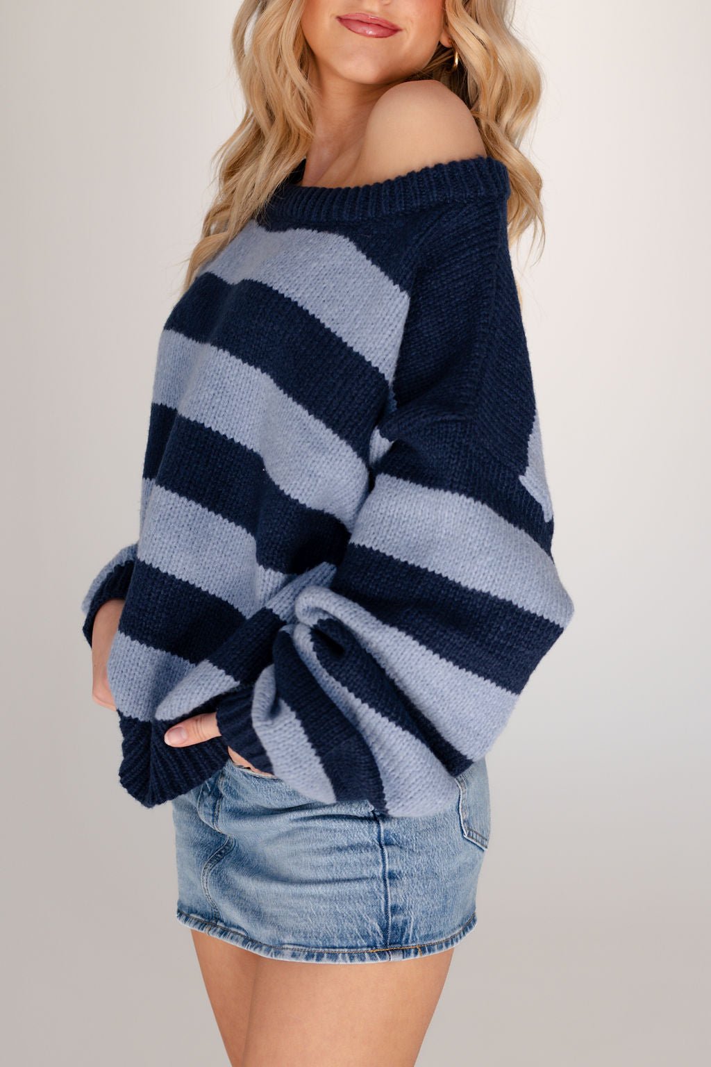 Claire Off Shoulder Stripe Sweater in Navy/Blue